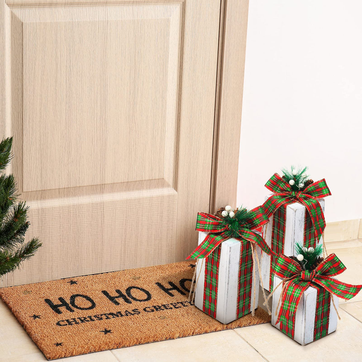 Amyhill 3 Pcs Christmas Wooden Gifts Box Decor Christmas Plaid Presents Table Centerpieces Rustic Wooden Gifts Tiered Tray Decor with Buffalo Plaid Bowknot for Xmas Party(White,Retro)