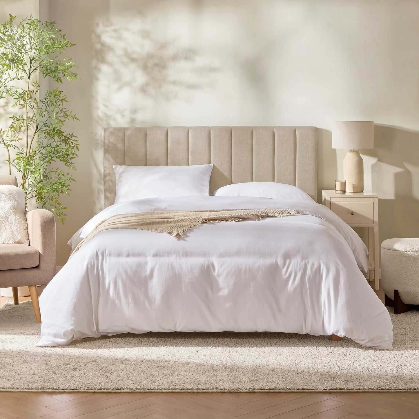 Hearth & Harbor Upholstered Queen Headboard - Easy Assemble Channel Stitched Headboard Queen Size - Wall Mounted Headboards with 3D Soundproof Wall Panels Peel & Stick Floating Headboards, Beige