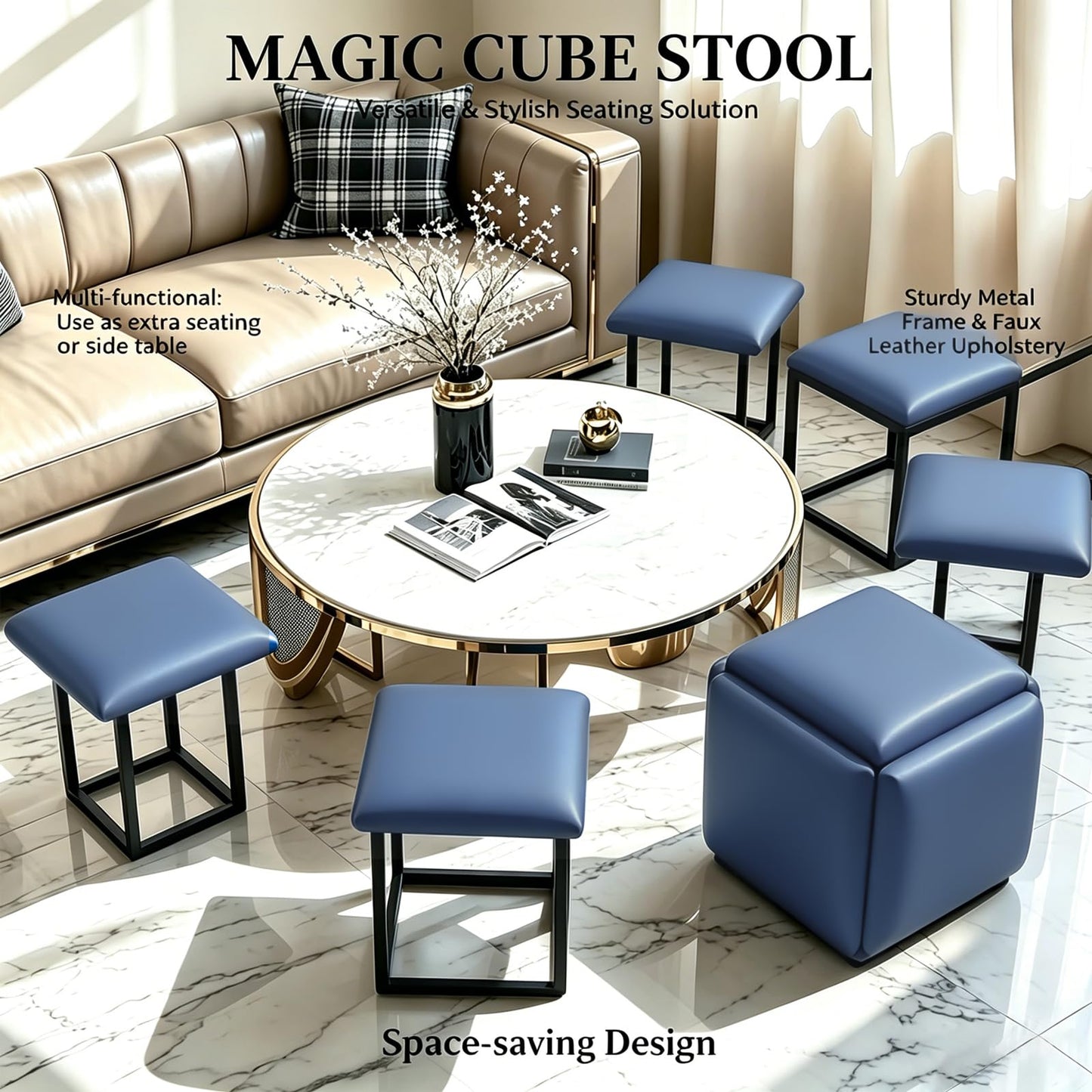 LUGSHIREE 5 in 1 Nesting Ottoman Cube Chair, Stackable Stools, Leather Square Ottoman Bench, Foot Stool with Wheels for Living Room,Dining Room 15.75x15.75x16.54 inches