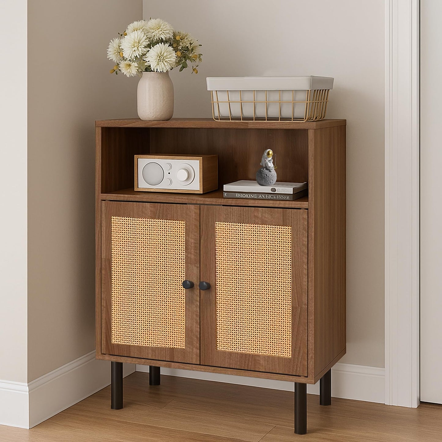 DongRong Rattan Storage Cabinet, Boho Accent Cabinet with Double Doors, Small Freestanding Sideboard for Hallway, Laundry Room,Kitchen, Dining Room, Entryway (Walnut)