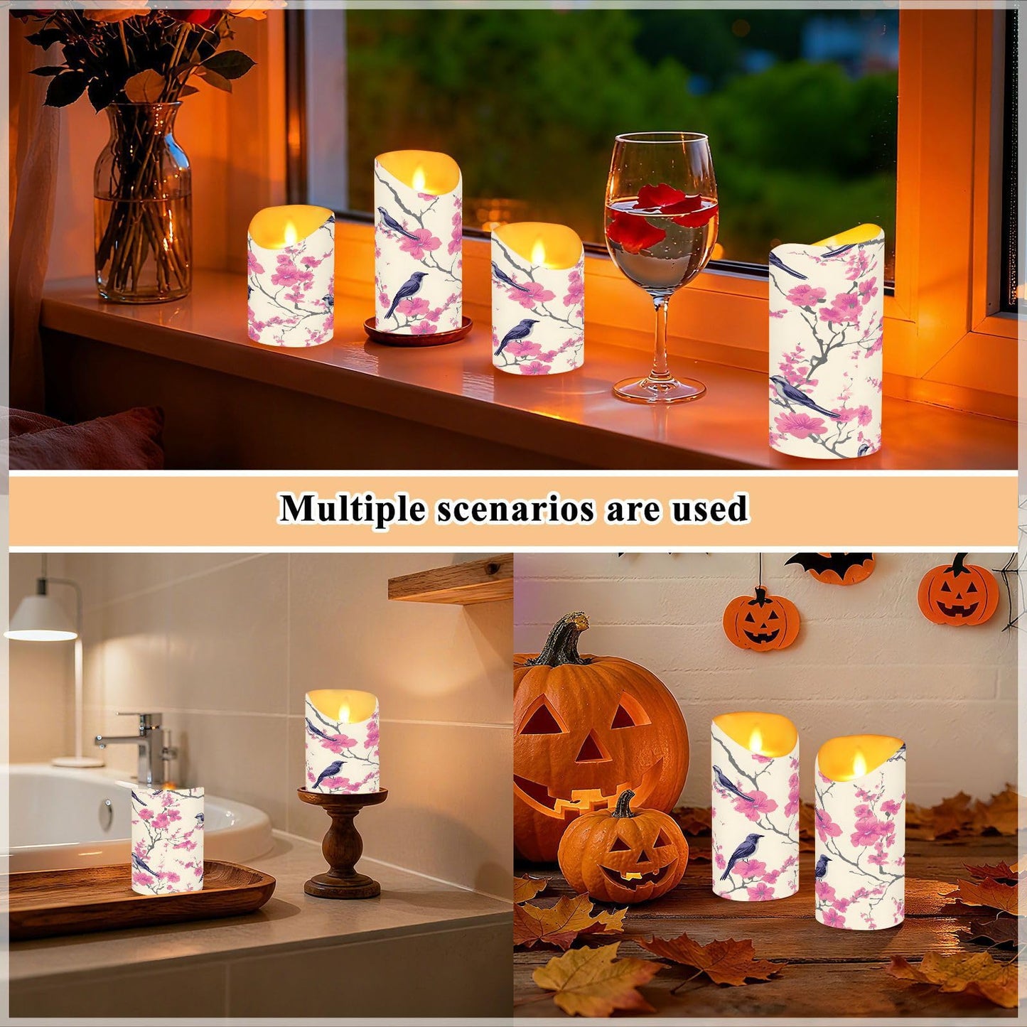 ALAZA Bird Pink Flower Flameless Candles with Remote Timer,LED Flickering Battery Operated Electric Pillar Tea Light Candles for Wedding Table Christmas Decorations 3" x3.9"