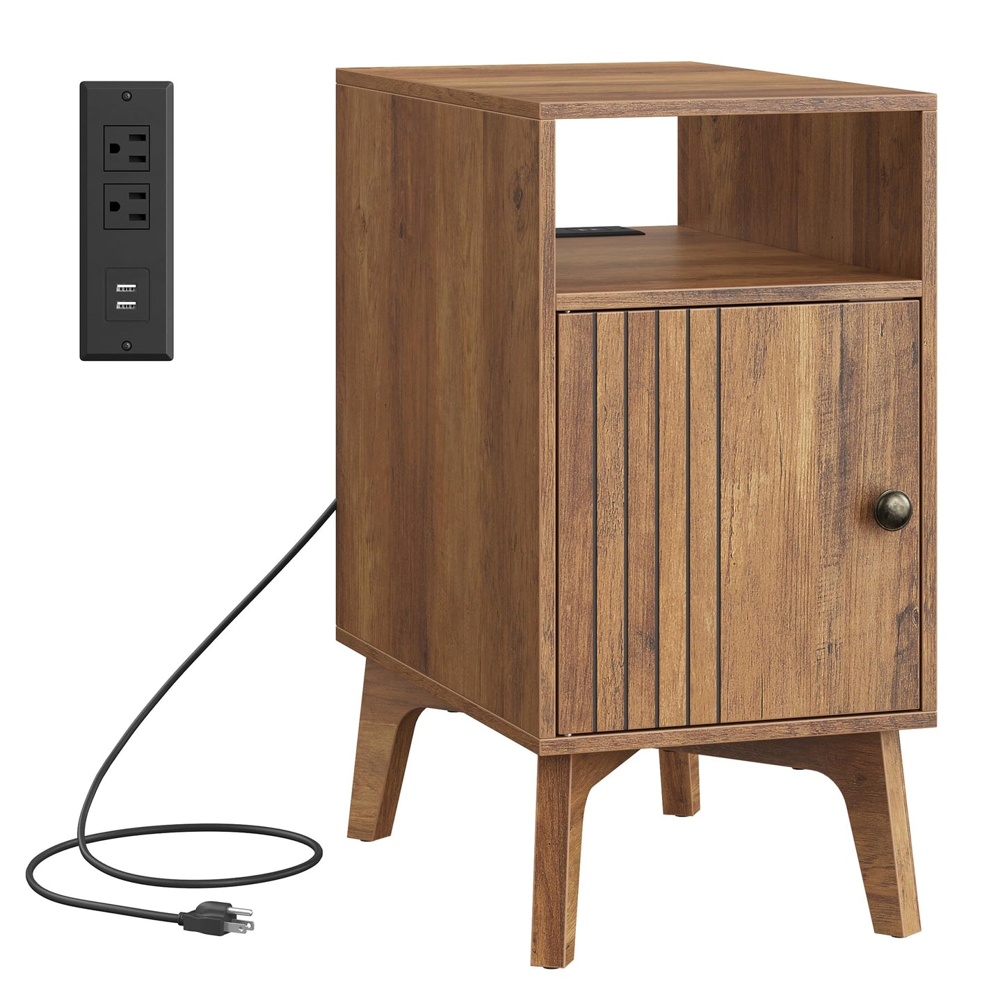 VASAGLE MAEZO Collection - End Table with Charging Station, Narrow Side Table, Nightstand with Tapered Legs, Curved Transitions, for Small Spaces, Living Room, Bedroom, Honey Brown ULET329K101S
