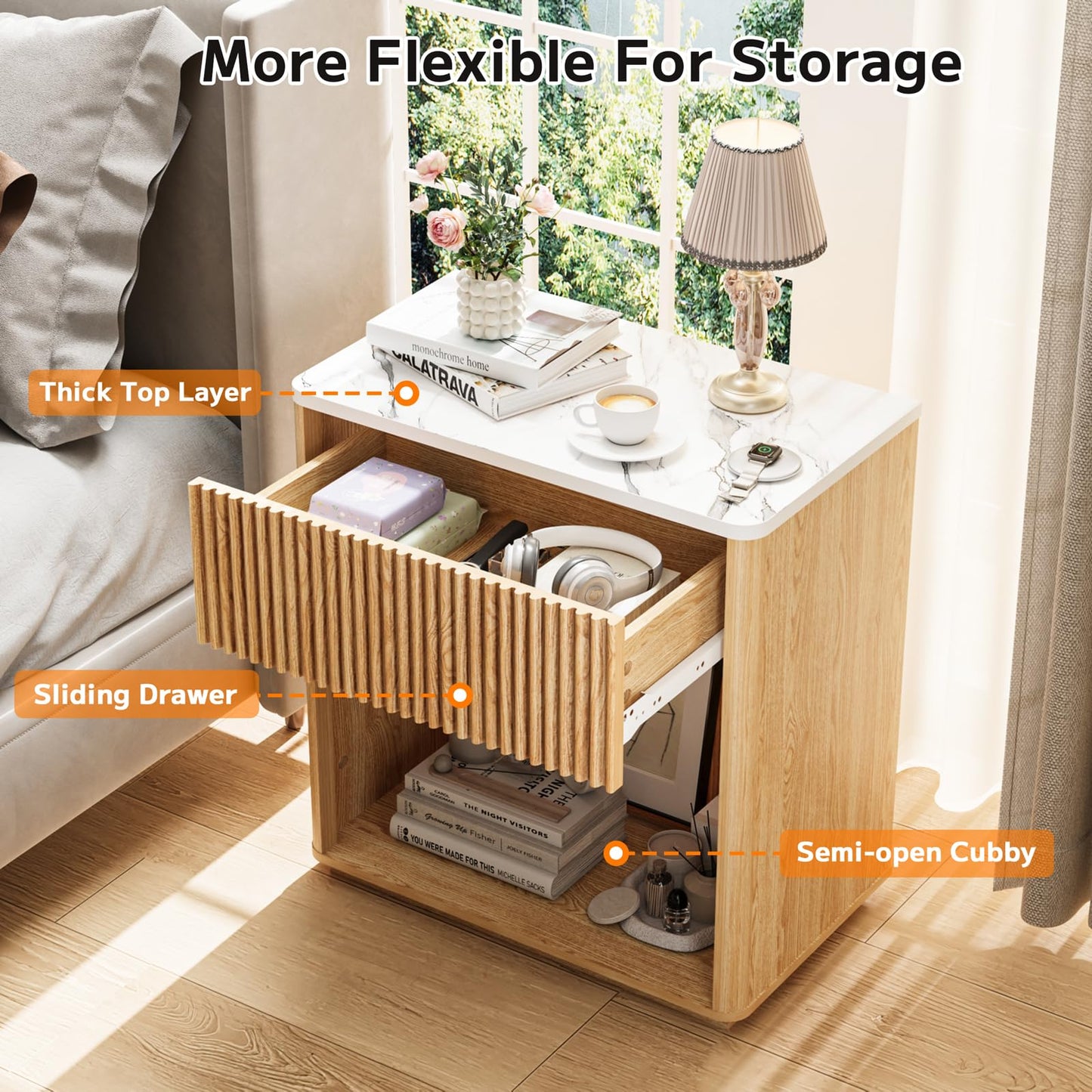 Cychuily Modern Fluted Nightstand Set of 2 for Bedroom, Mid Century Bedside Table Set with Marble Top & Drawer, Wood End Table, 2 Farmhouse Night Stands for Guest Room, Hallway, Oak