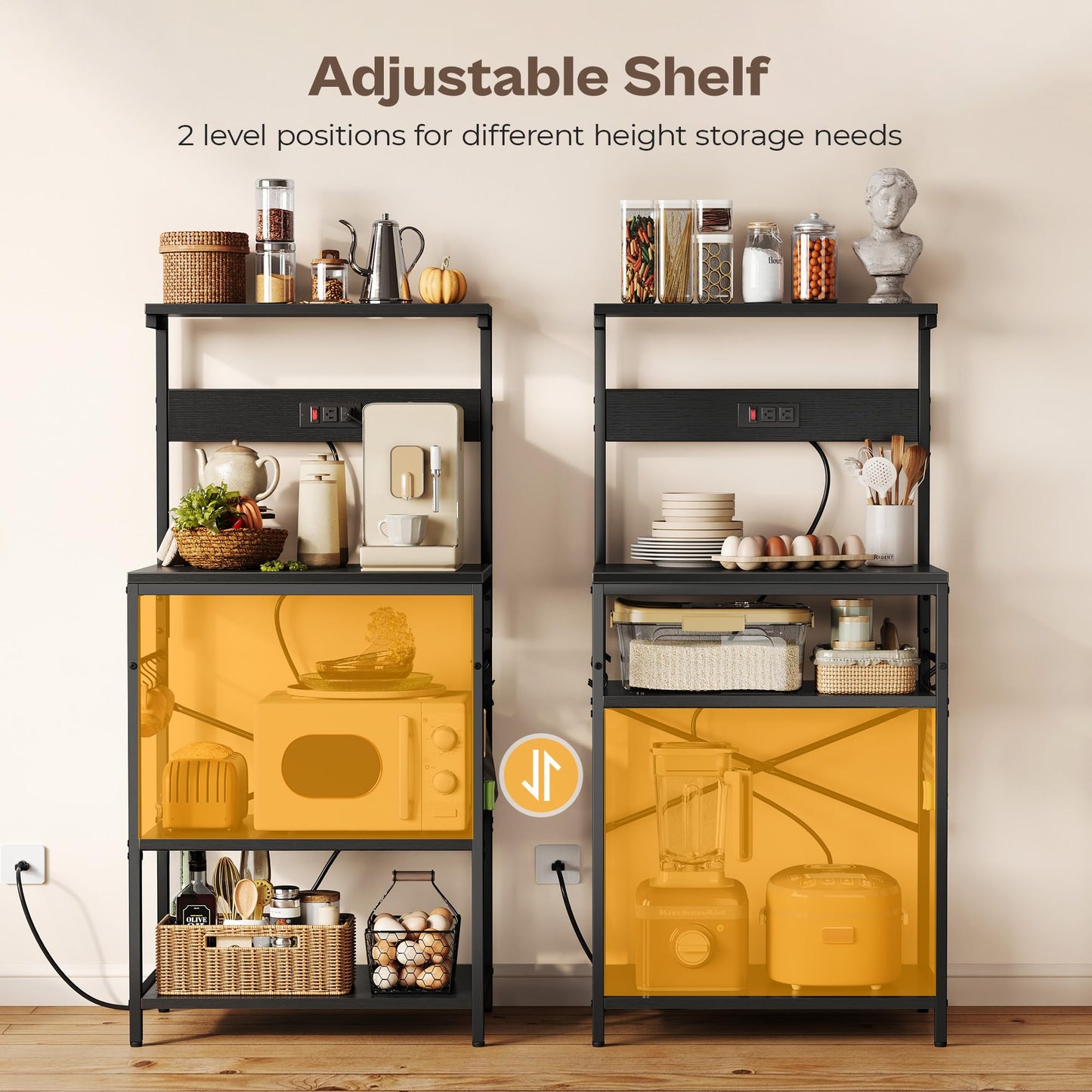 SUPERJARE Kitchen Bakers Rack with Power Outlet, Coffee Bar Table 4 Tiers, Kitchen Microwave Stand with 6 S-shaped Hooks, Storage Shelf Rack for Spices, Pots and Pans - Black