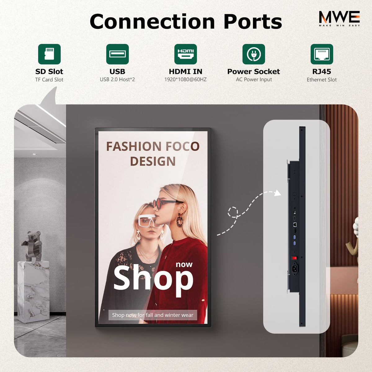 MWE 43 inch Wall Mount Digital Signage, FHD Touchscreen Monitor Android 14, Multi-Touch Screen Smart Split, Commercial Advertising Display, Time Switch, CMS Management, HD-MI/ USB/ WiFi/ for Windows