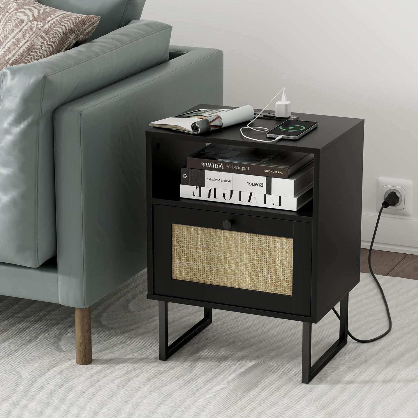 Masupu Rattan Nightstand with Charging Station,Modern Boho Farmhouse Wood Bedside Table with Storage Drawer and Open Shelf,Small Black Frame Side End Table for Bedroom,Living Room,Office (Black)