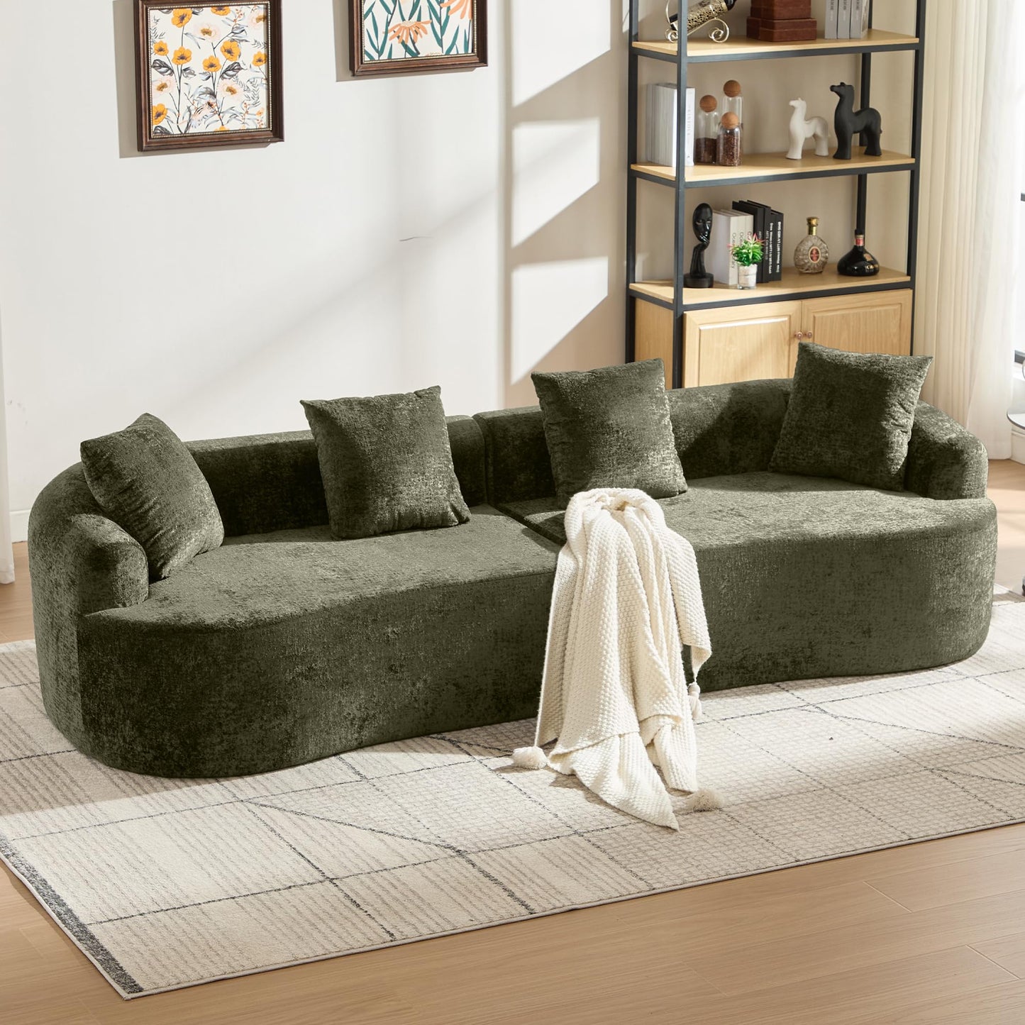 Sectional Sofa, Curved Cloud Sofa Couch, Chenille Full Sponge Chaise for Living Room, Apartment (Olive Green, 110 Inch)