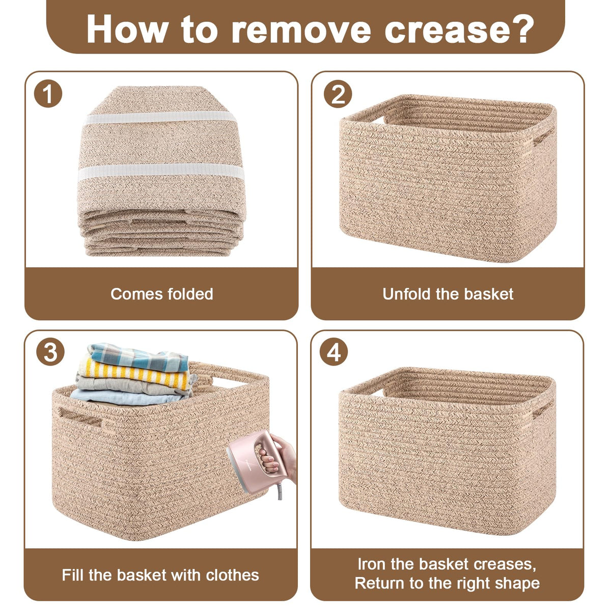 OIASKET Storage Baskets for Organizing, Woven Decorative Baskets for Shelves - Books, Towels, and Clothes, Cotton Rope Toy Storage Bins, 12.7''Lx9''Wx7.8''H, Pack of 4, Brown