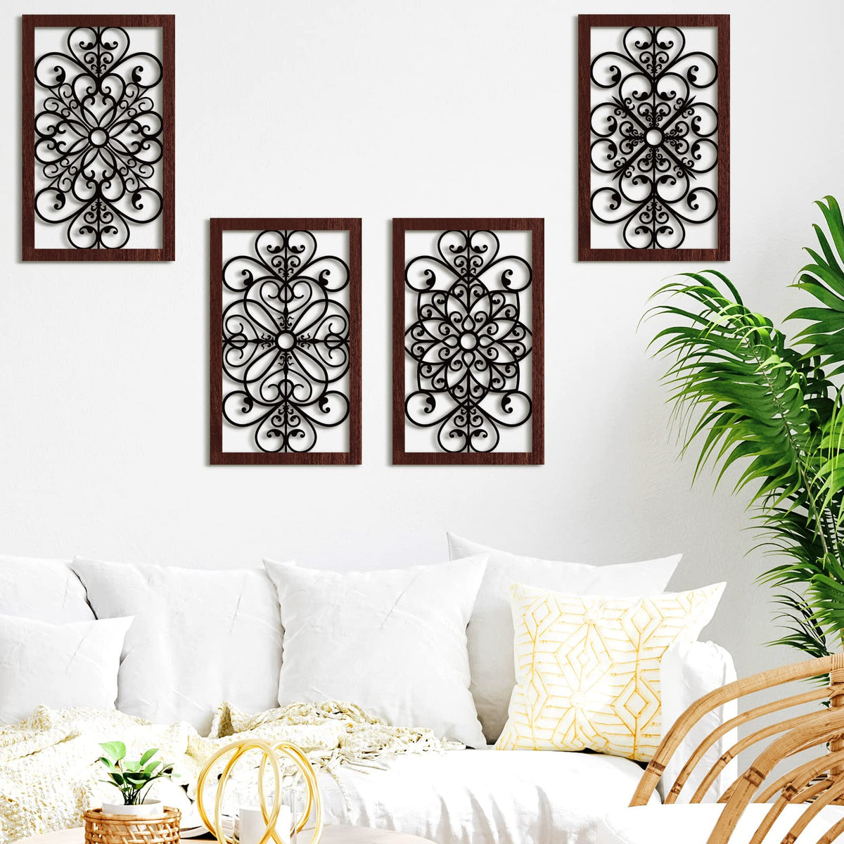 4 Pieces Thicken Rustic Wall Decor Modern Farmhouse Wooden Hollow Carved Design Wall Art for Living Room Bedroom Hallway Decor Office Kitchen Wall Decoration (Traditional Style)