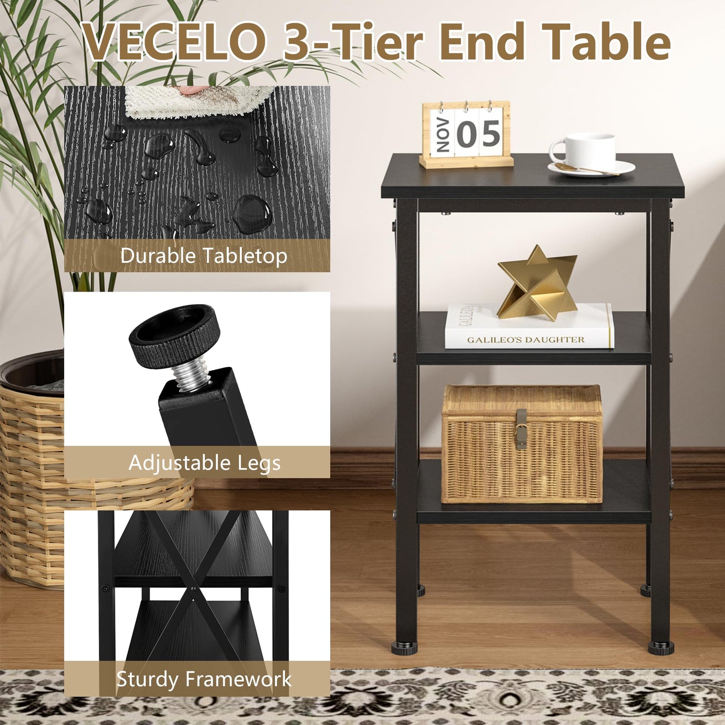 VECELO End Table Set of 2, Bedside Table, 24" Tall Living Room End Tables, X-Design Reinforced Nightstands, Side Table with 3-Tier Storage Shelves for Small Spaces, Office, Bedroom, Classic Black