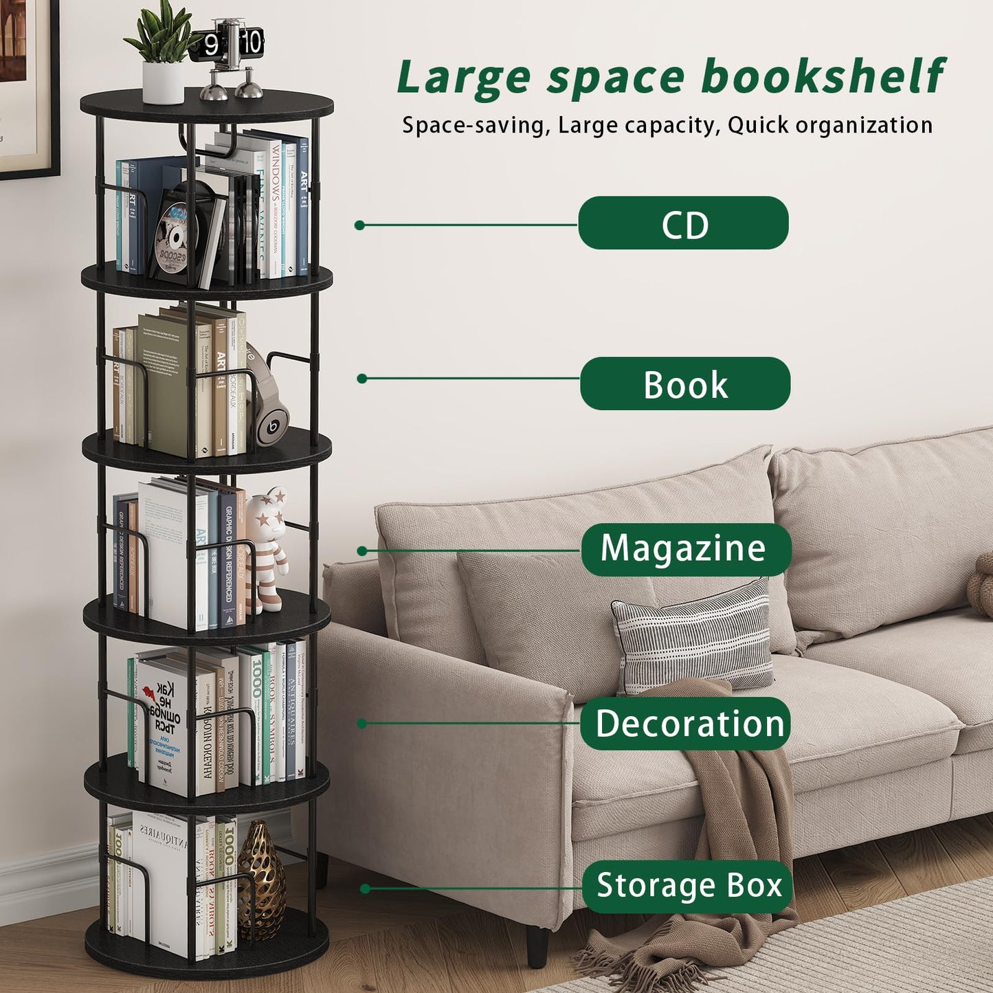 swlongbooks 5Tier Rotating Bookshelf, Spinning Bookshelf Tower,360 ° Display Space Saving Standing Round Swivel Bookcase Corner Storage Organizer for Bedroom Living Room Office，Black