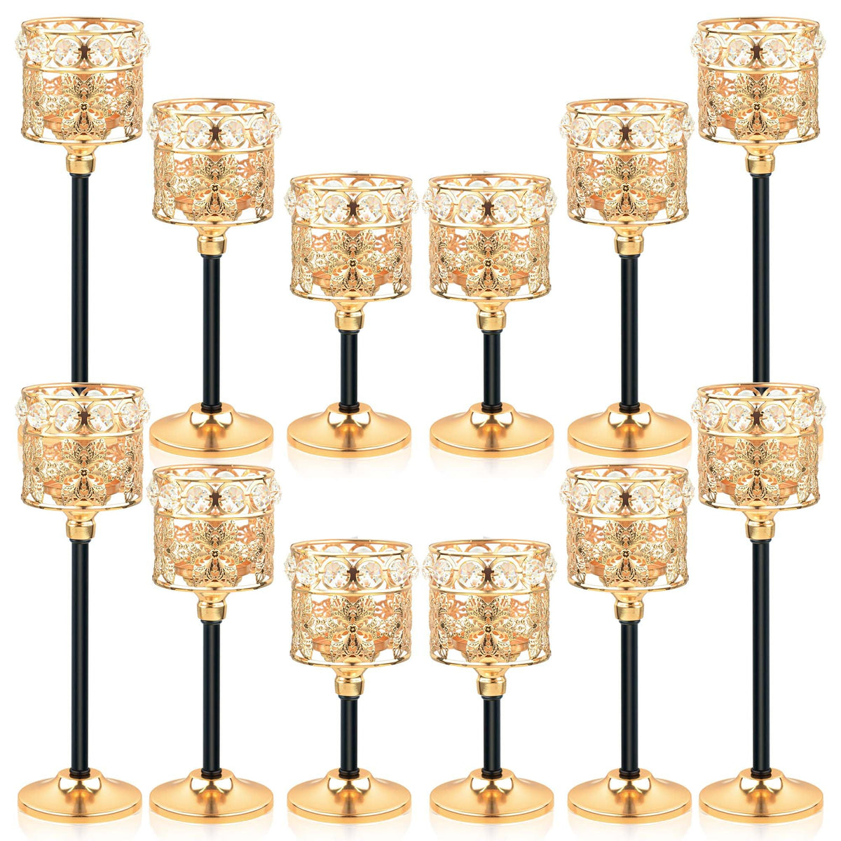 Kehail Set of 12 Floral-Carved Crystal & Metal Tealight Candelabras Bulk- Elegant Gold & Black Wedding Centerpiece, Dining Table Decor, Votive Candle Holders
