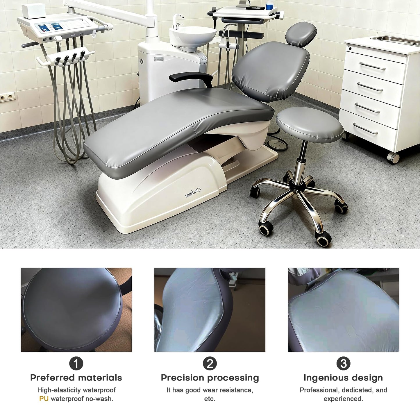 buyzg 5Pcs Dental Chair Covers Set - Waterproof & Non-Slip PU Leather Elastic Full Covers with Foot, Seat, Headrest & Backrest Protectors for Dental Clinic Chairs(Gray)
