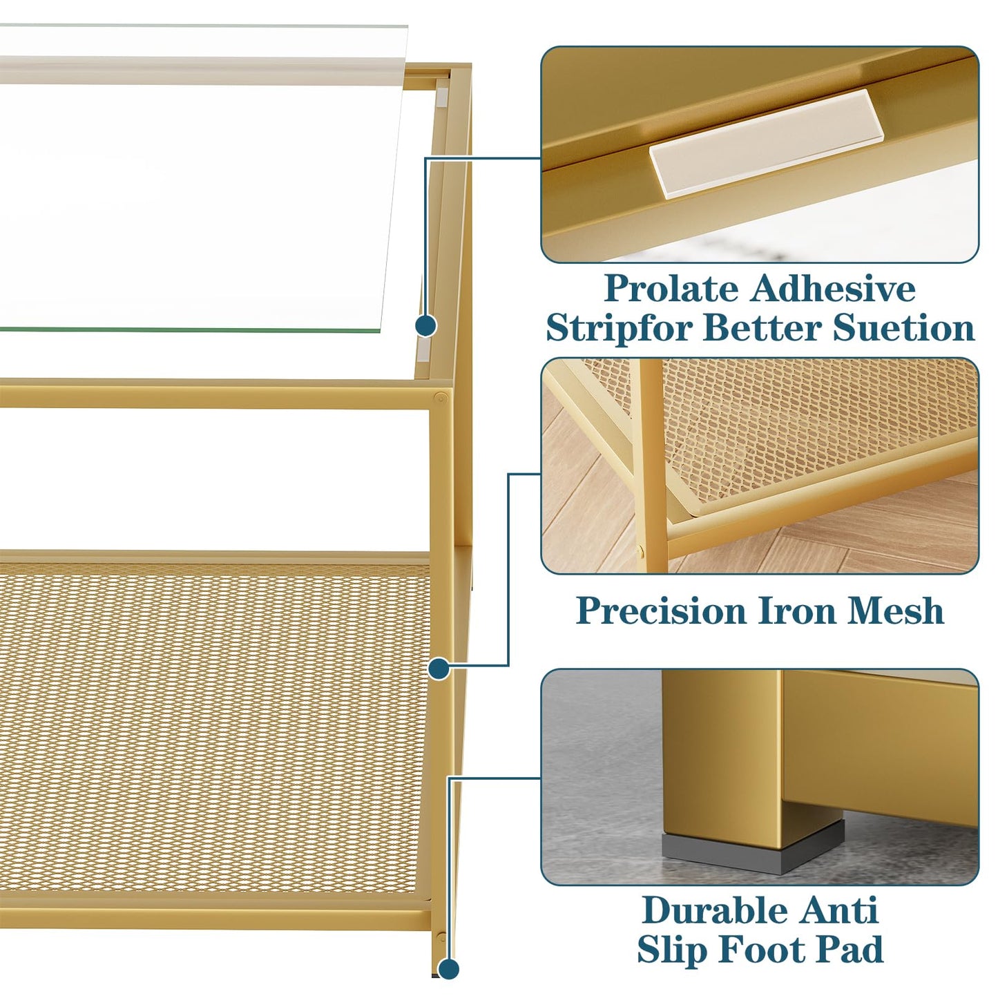 Gold Glass Coffee Table, Square Coffee Tables with Storage Shelf, Simple Tea Cocktail Modern Center Tables for Small Space, Living Room, Easy Assembly, 26 * 26in（Gold）