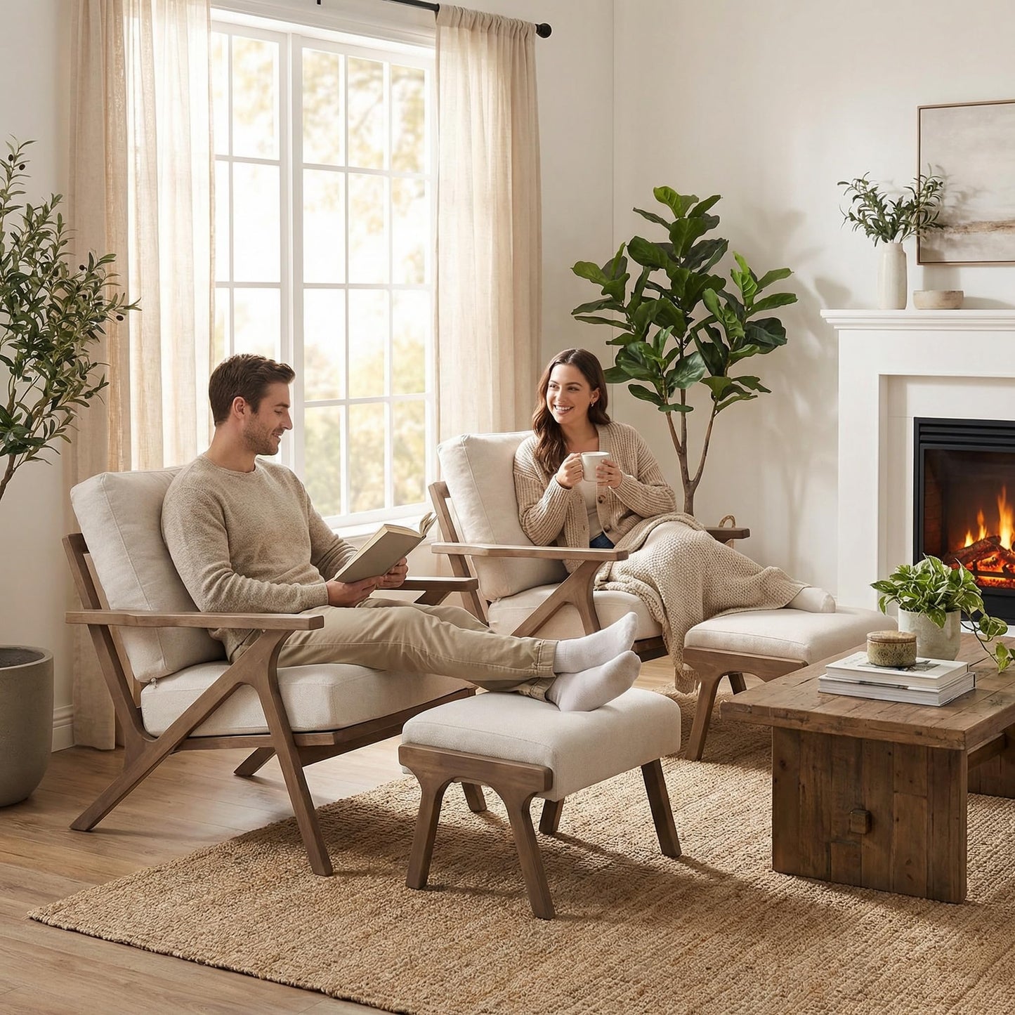 HNY Mid Century Modern Accent Chair with Ottoman, Farmhouse Linen Upholstered Living Room Armchair and Ottoman Set, 23" Seat Wide Retro Leisure Lounge Chair with Wood Frame for Home, Bedroom, Beige