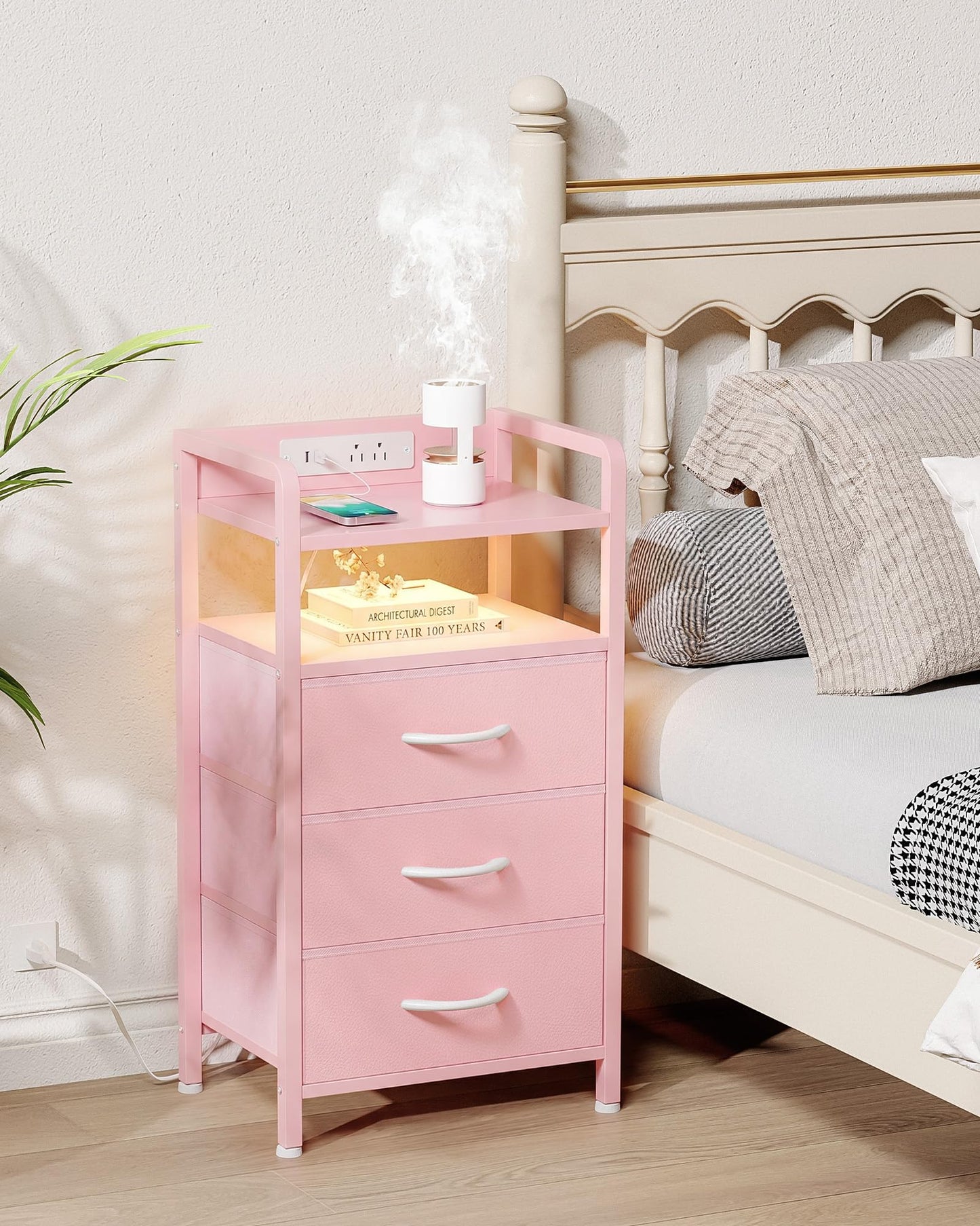 Lazzanto Night Stand Bedside Charger Bedroom - Nightstand with Charging Station & LED Light Strip, Night Stand with Storage Shelf & 3 Fabric Drawers, Morden End Table with USB Ports&AC Outlets,Pink