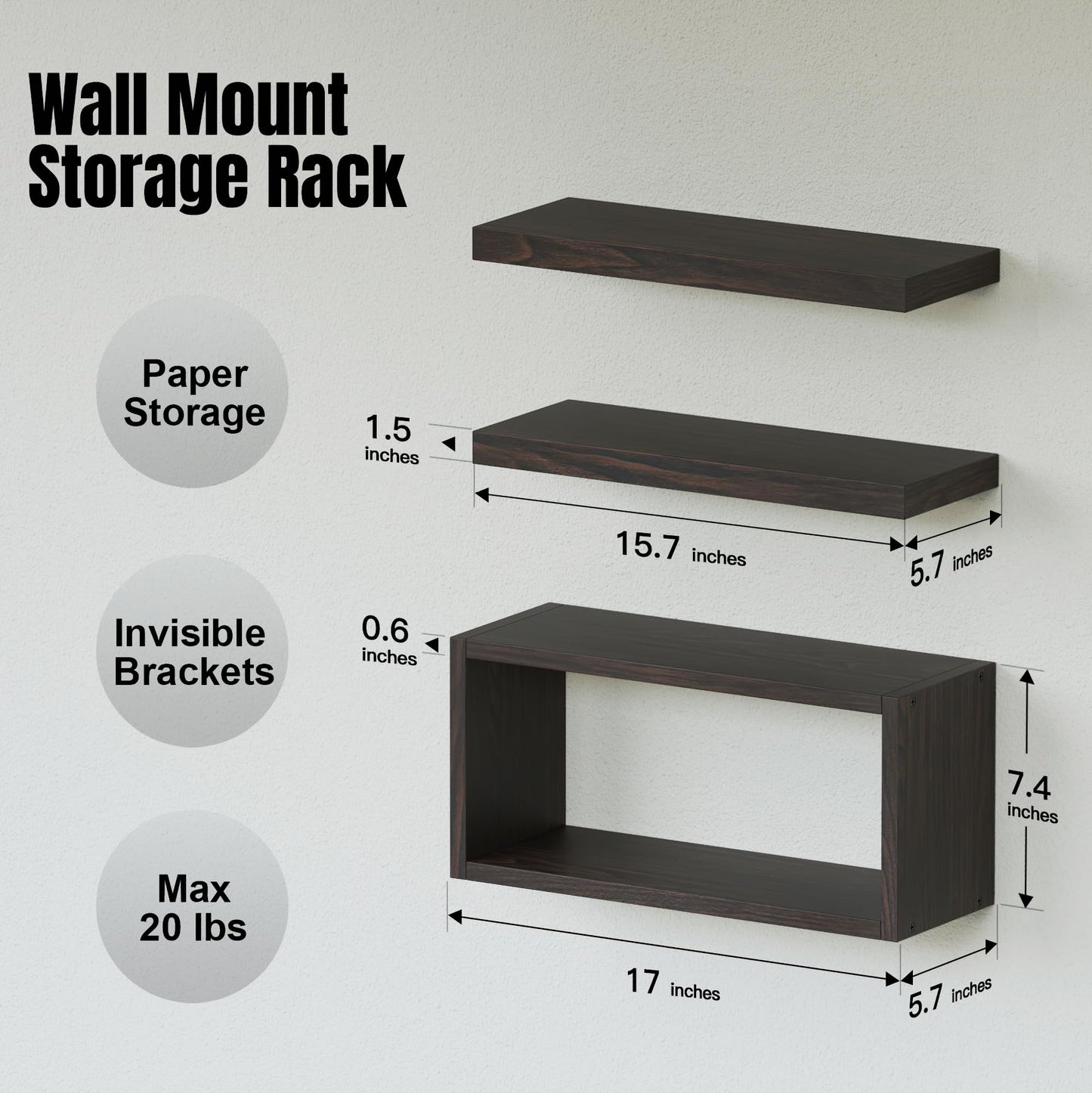 RICHER HOUSE Floating Shelves Set of 3, Modern Bathroom Shelves Wall Mounted Shelves with Invisible Brackets Over Toilet, Rustic Wall Shelves for Bathroom Bedroom, Living Room, Kitchen - Walnut