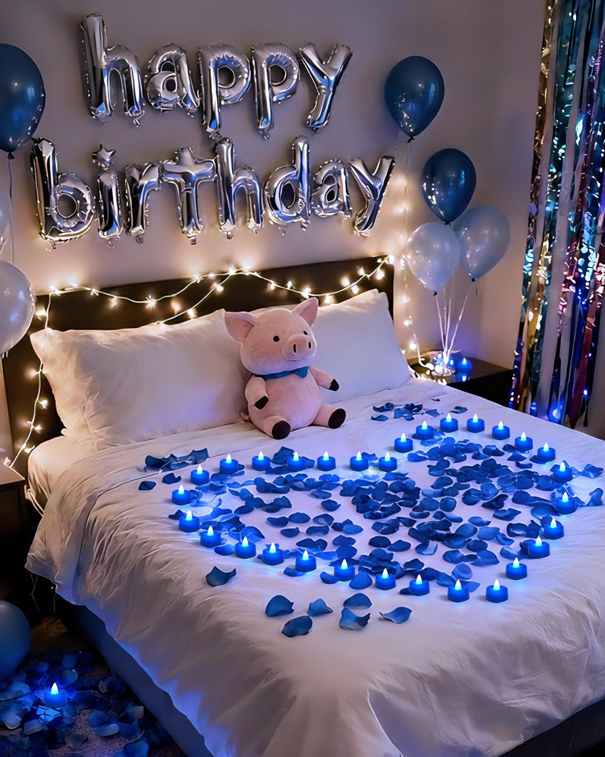Amagic 1000 Pieces Blue Artificial Rose Petals with 12 Blue Heart LED Tea Lights, Rose Petals, and Candles Set for Proposal, Anniversary, Romantic Night, Wedding Decor