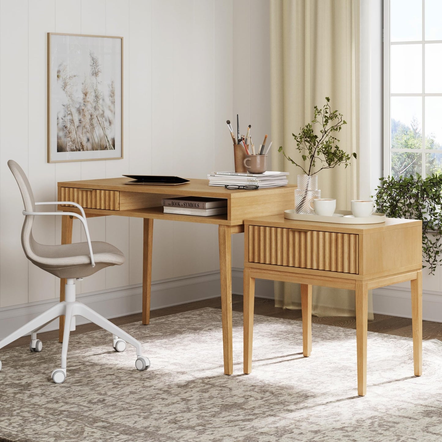 Nathan James Jasper Mid-Century Modern Desk Wall Unit, Vanity and Nightstand Set, Wood Desk with Drawer and Side Table