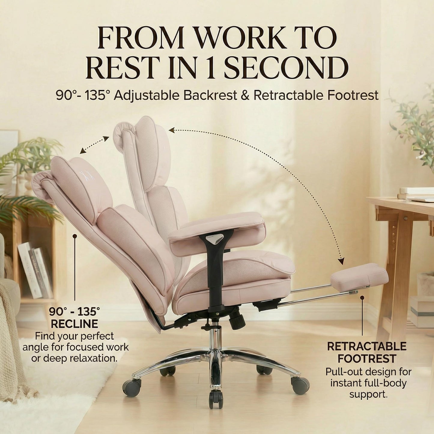 Efomao Big & Tall Executive Office Chair with Footrest - 400lbs Heavy Duty High Back PU Leather Desk Chair, Modern Ergonomic Reclining Computer Chair, Pink
