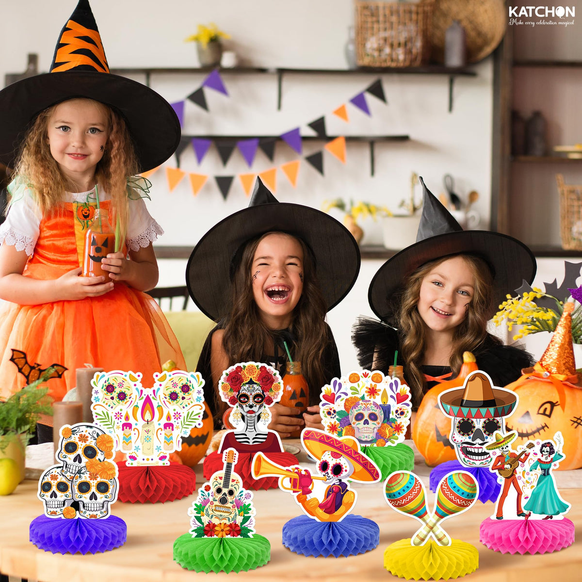 KatchOn, Halloween Decorations Set - Pack of 24 | Floating Candles with Wand Remote-12 Pcs & Halloween Centerpieces for Tables- Pack of 12 | Day of The Dead Centerpieces for Spooky Party Decor