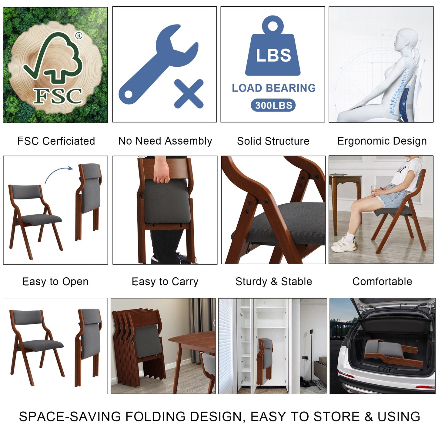 Ball & Cast Upholstered Folding Chairs Set of 2 with Ergonomically Designed Back and Solid Wood Frame,Portable Activity Meeting Chair, for Dining Room and Office,Outdoor Events,Dark Grey+Cherry