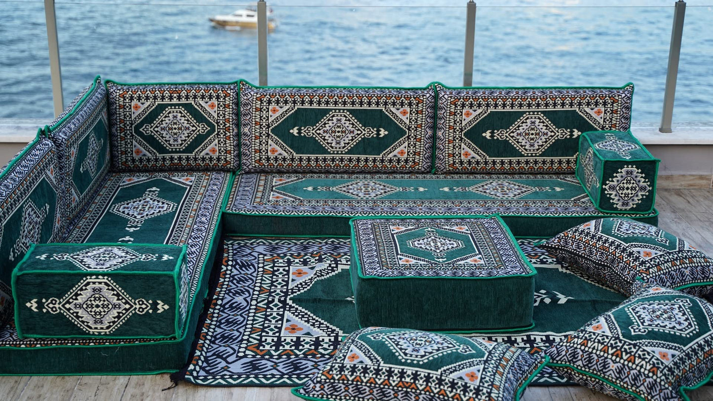 ArabicSofa L Shaped Arabic Floor Cushions, Sectional Sofa, Arabic Majlis Set, Custom Made Sofa, Green, 4'' Thickness, L Sofa Full Set