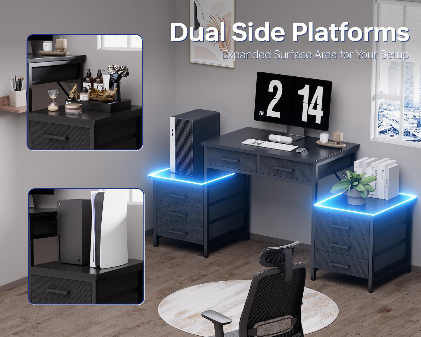 Pamray 63 Inch Computer Desk with 8 Drawers and Printer Shelves for Office