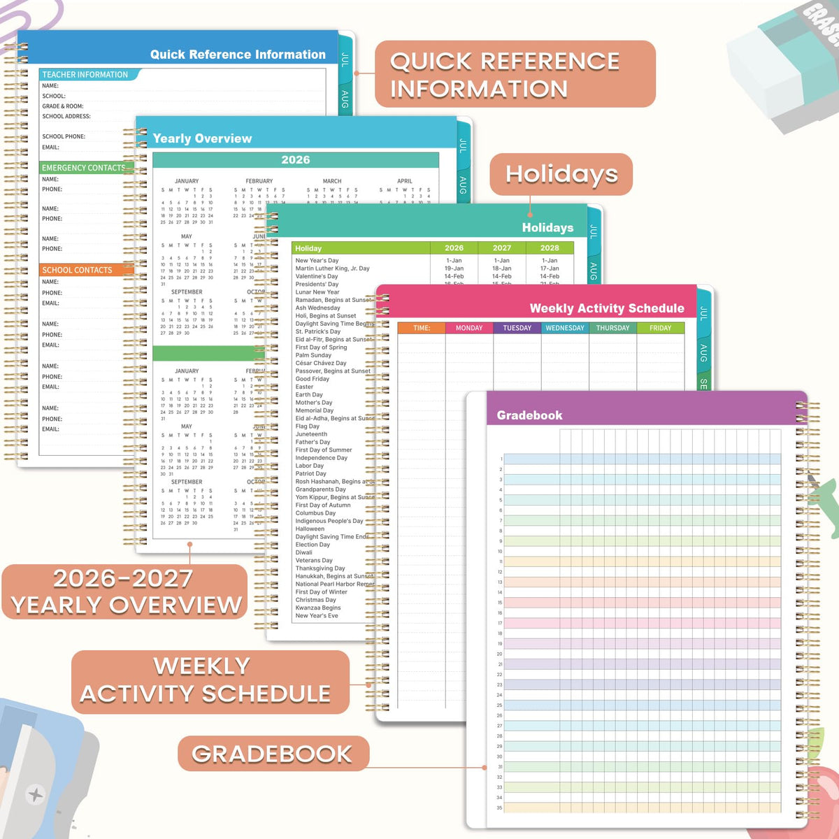 Teacher Planner 2026-2027 - Academic Planner Teacher Lesson Planner 2026-2027, July 2026 - June 2027, 8.5" x 11", Lesson Plan Book, Weekly & Monthly Lesson Calendar with with Colorful Laminated Tabs, Quotes, Inner Pocket