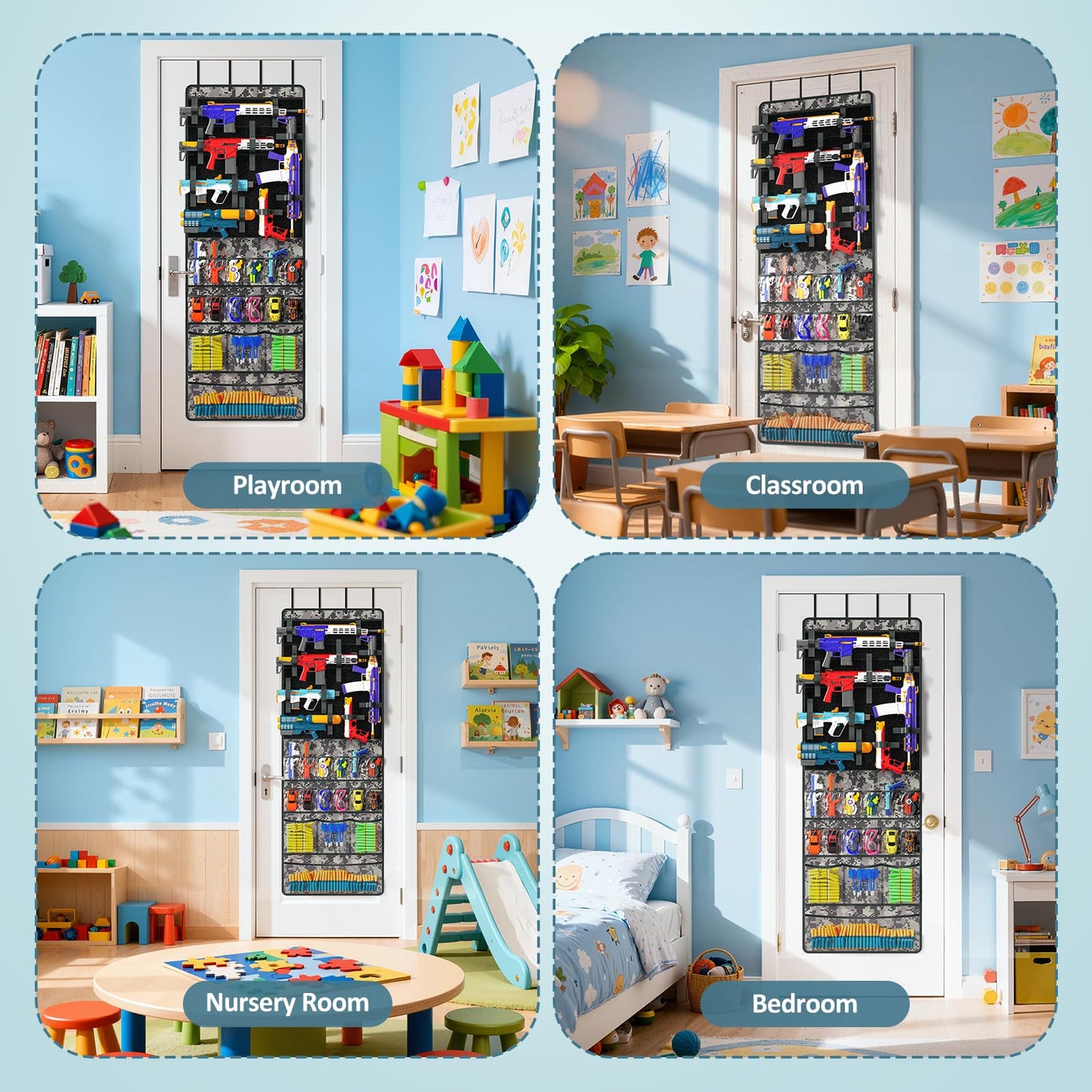 Over The Door Organizer for Toy Guns, Toys Organizer with Pockets, Hook&Loop Straps for Foam Blasters, Darts, Goggles, Hanging Toys Gun Storage for Kid Rooms, Play rooms, Grey Camouflage