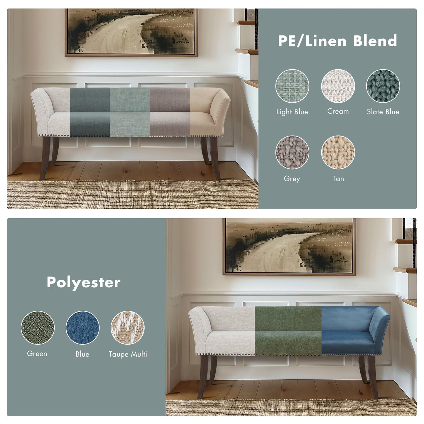 Madison Park Accent Bench for Living Room, Upholstered with Nailhead Trim, & Padded Seat Entryway Bench Small, End of Bed Bench with Back, 49.5" W x 19.25" D x 23" H, Light Blue