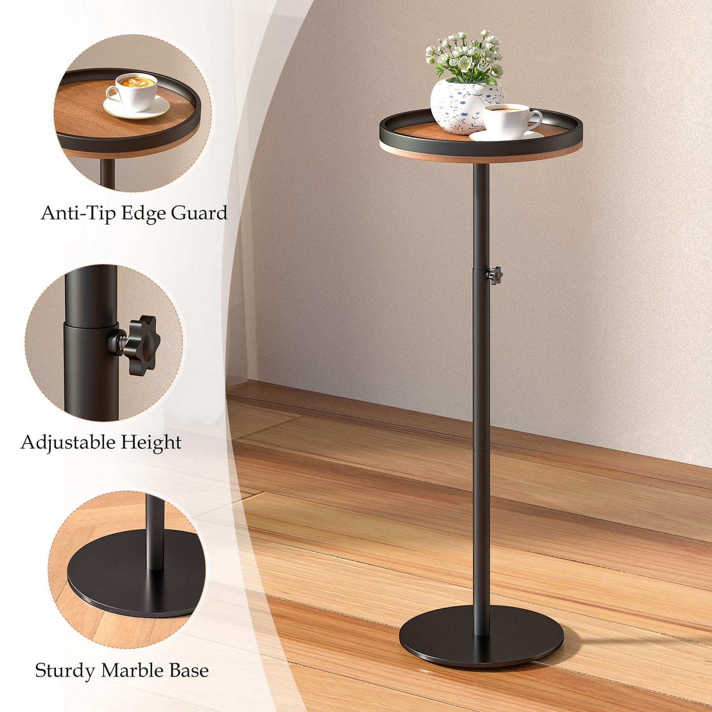 cozynest home Round Side Table, Small Drink Table for Small Spaces, Modern Adjustable Height Martini Pedestal Table for Couch Living Room Bathroom Bedroom Brown