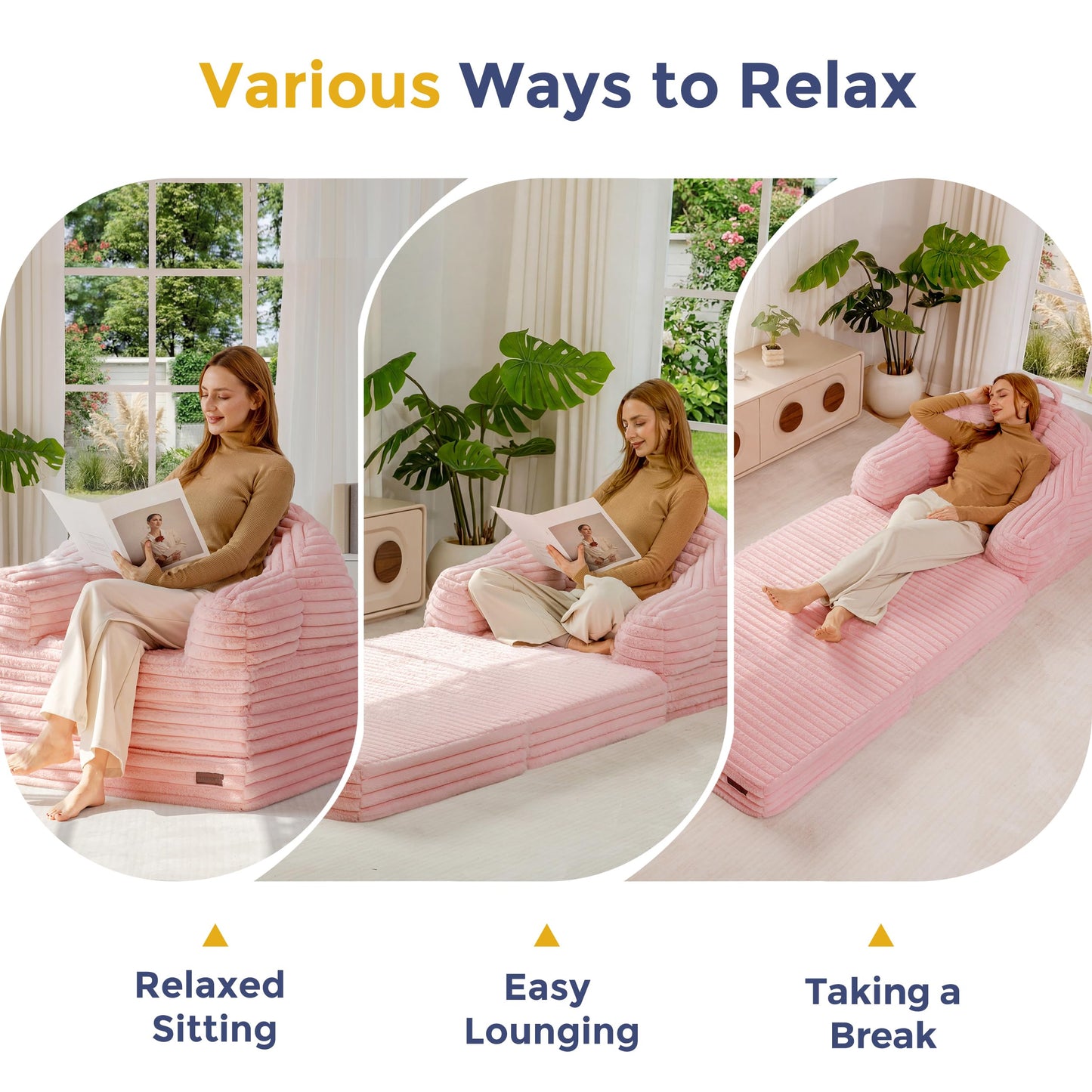 MAXYOYO Folding Sofa Bed, 2 in 1 Convertible Sofa to Lounger Comfy Faux Fur Bean Bag Chair for Adults, Floor Single Couch Chair with Handle, Couch Bed for Living Room Bedroom, Pink