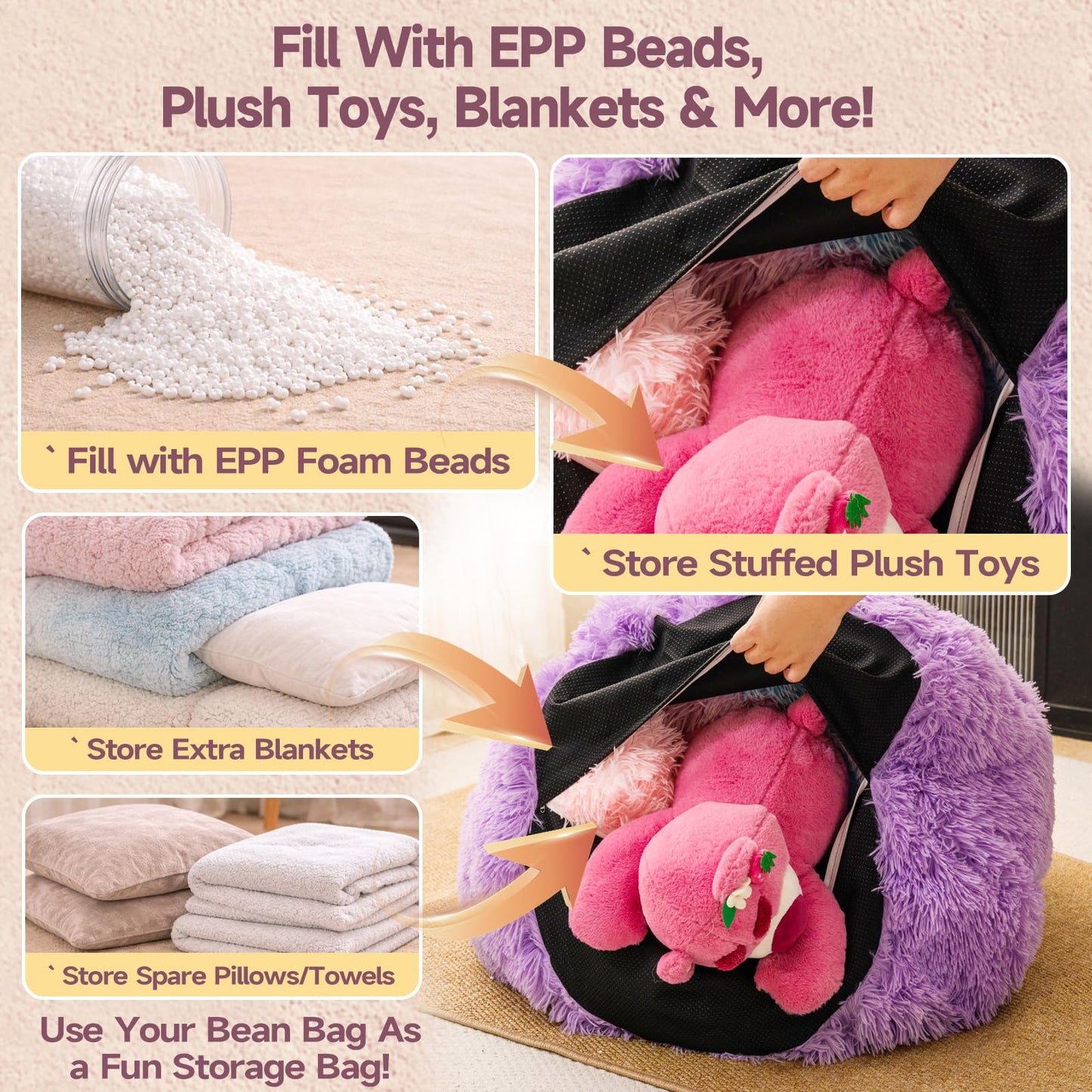Lavender shaggy bean bag chair covers (No Filler), comfy Faux Fur Lavender bean bag chair Cover for bedroom, stuffed animal Storage, kids adults teens girls bean bag chairs, Anti-Slip