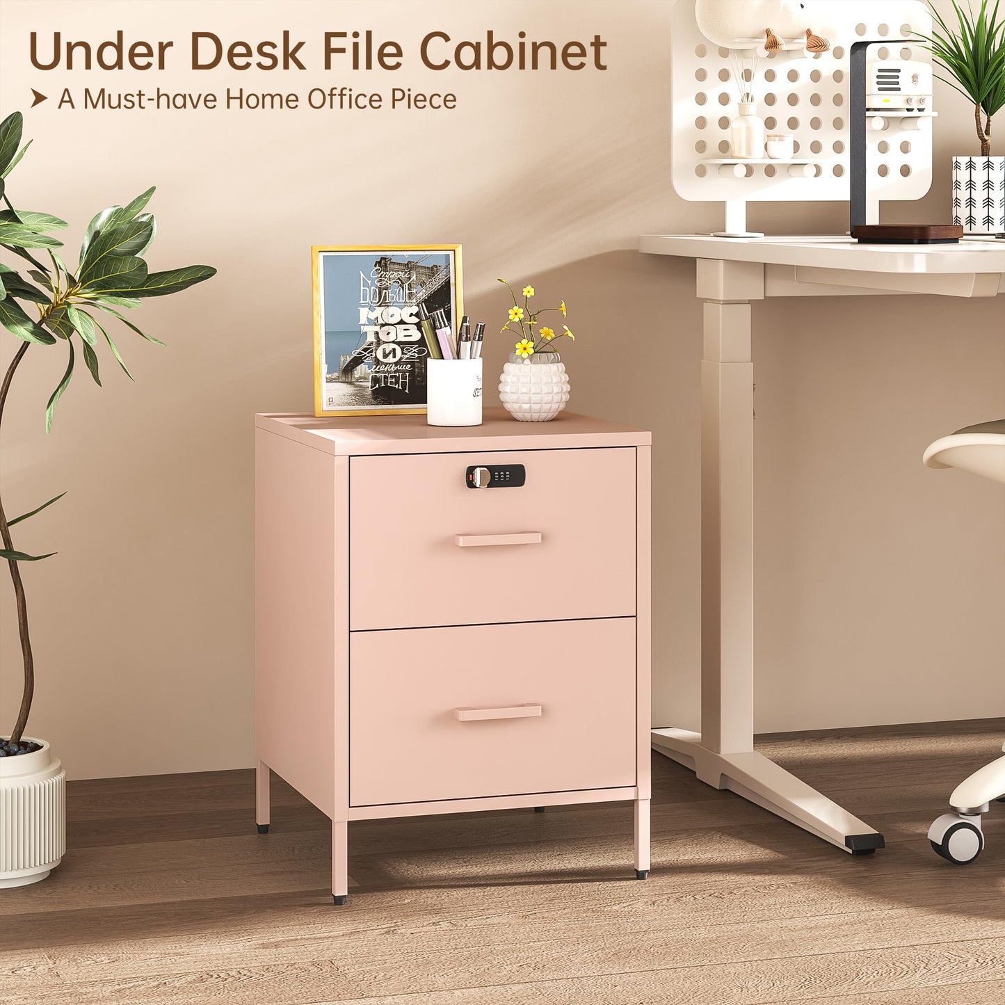 Steehoom Metal Nightstand with Lock, 2 Drawer End Side Table, Lockable Storage Cabinet Kids Cabinet for Living Room, Bedroom, Dorm, 21.26”H X 15.75”W X 15.75”D (2 Drawer, Pink)