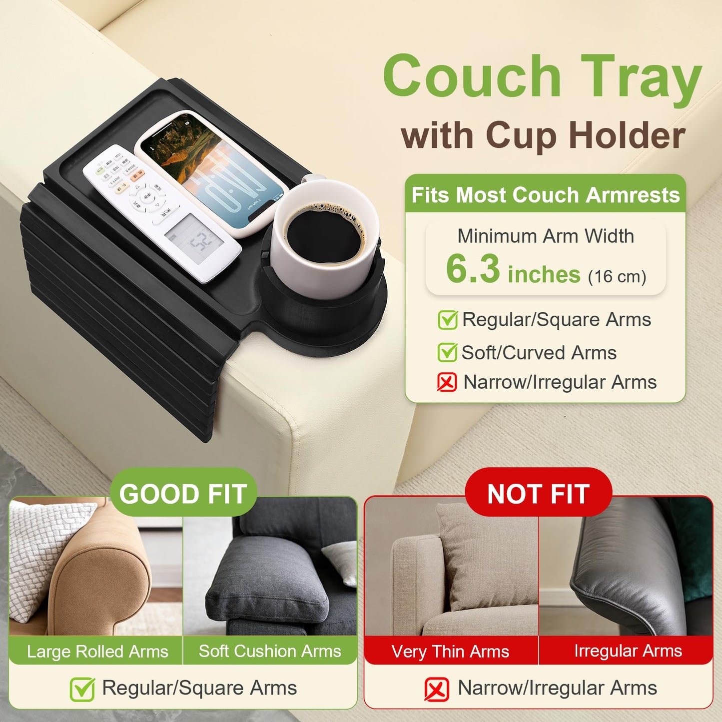 aisongdong Couch Cup Holder Tray - 3 in 1 Sofa Arm Tray with 360° Rotating Cup Holder & Phone Stand,Fits Various Couches Arm Widths - Anti-Slip Foldable Couch Arm Tray for Snacks, Cellphone Remote