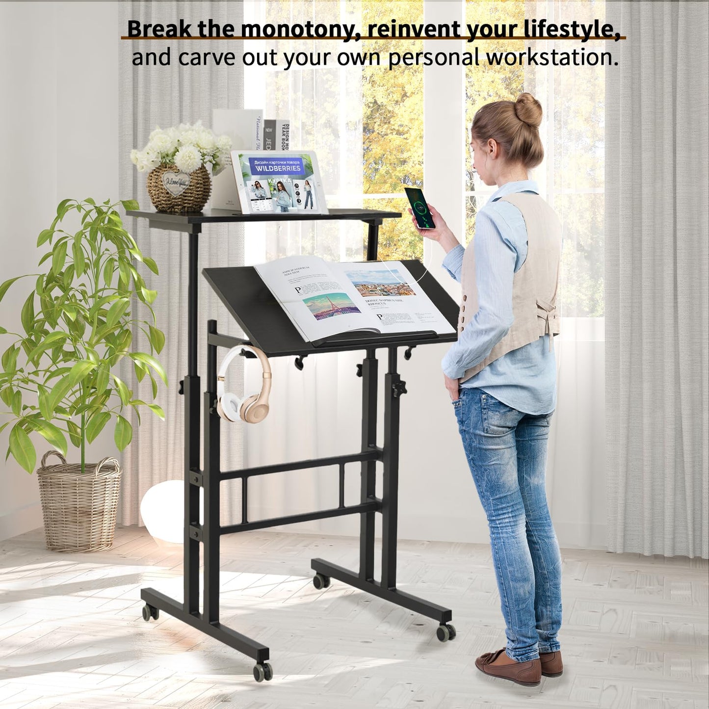 Hadulcet Mobile Standing Desk with Charging Station, Adjustable Standing Computer Desk, Standing Adjustable Laptop Cart with Wheels for Home Office Classroom Black