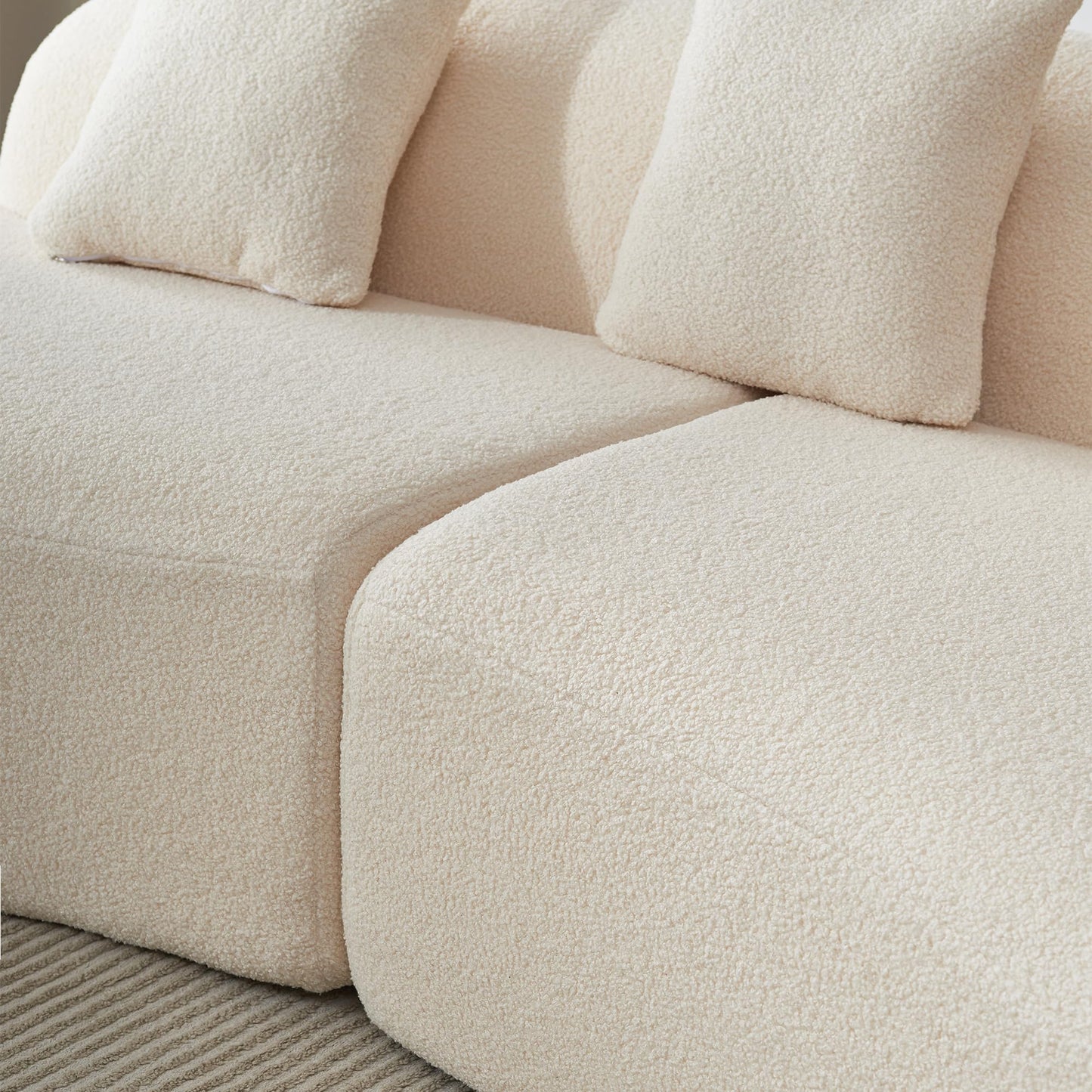 BBTJOINT Modern Curved Sectional Sofa, Boucle Fabric Boneless Couch, Oval Shape Chaise Lounge for Living Room with 3 Throw Pillows, Cream White