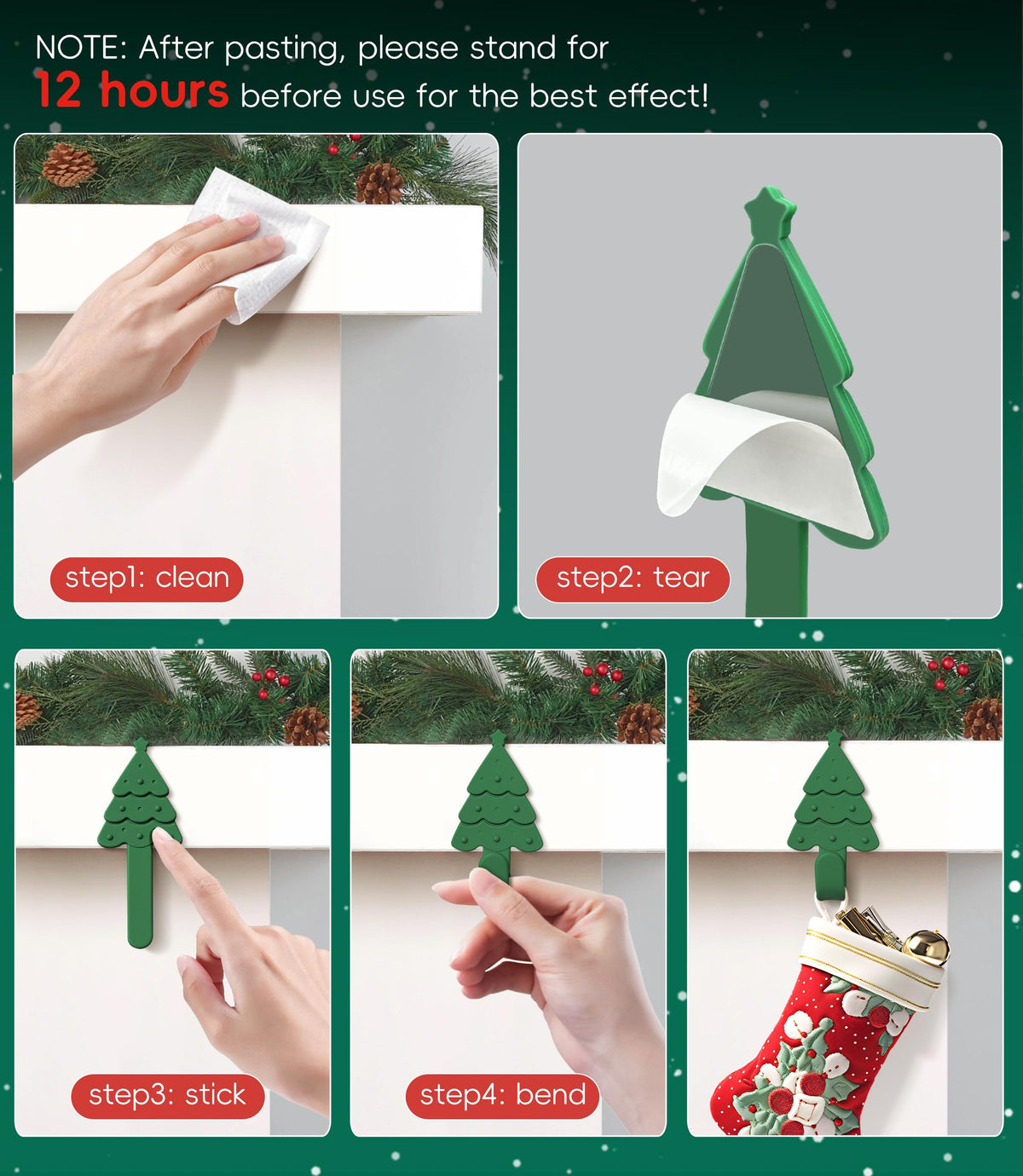 Nearockle 6 Pack Christmas Stocking Holders Garland Hangers for Mantle, Freely Bendable Adjustable Silicone Mantle Hangers, Counter Tables Window Fireplace Decoration (Green)