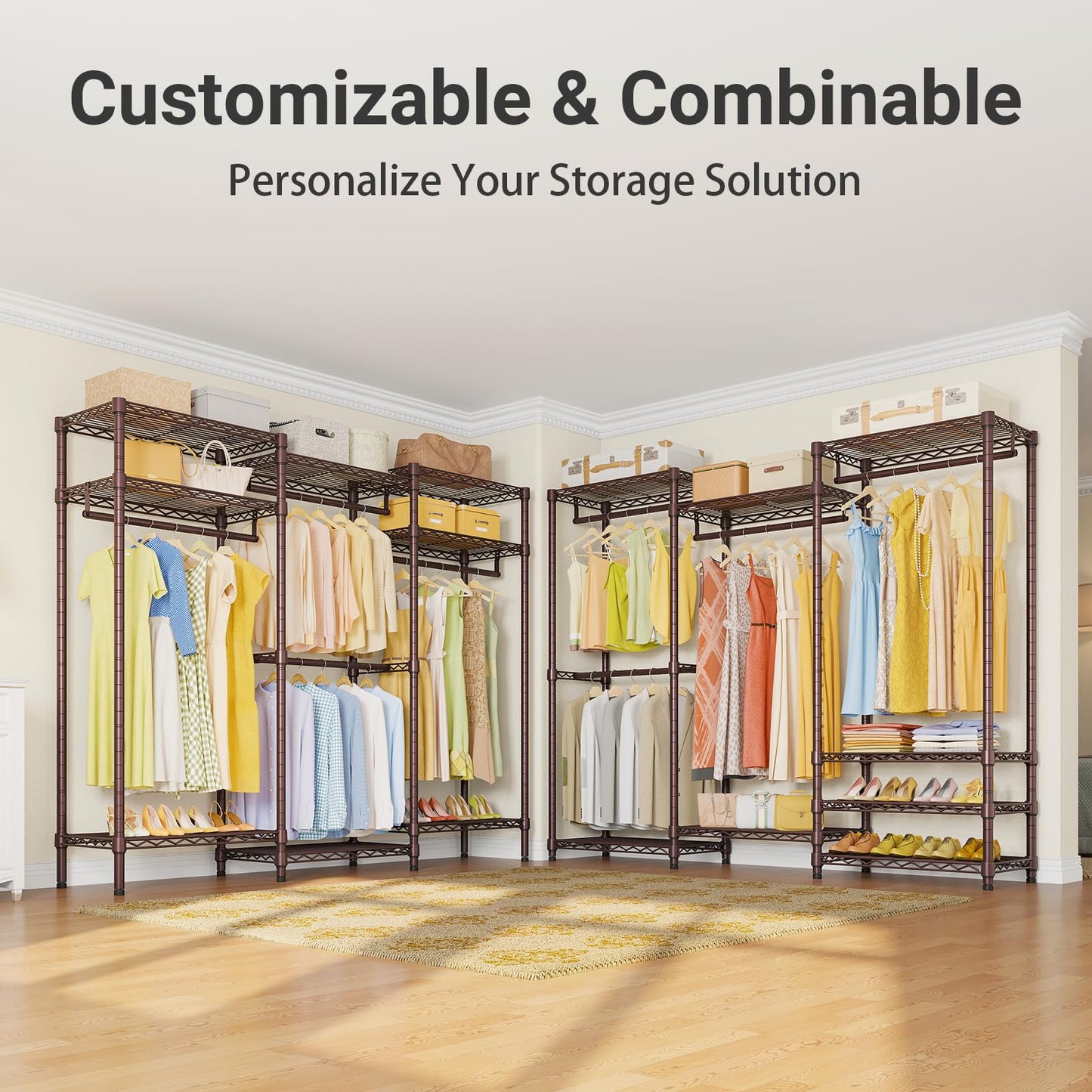 VIPEK V5 Portable Closet Wardrobe Heavy Duty Clothes Rack Metal Freestanding Clothing Racks, Adjustable Custom Closet Racks with 4 Hanging Rods & 8 Shelves, 68.9" Lx15.7 Wx76.4 H, Bronze
