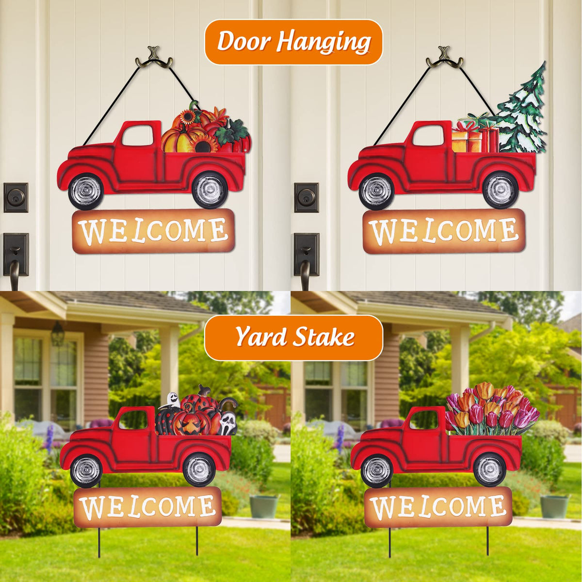 Whaline 4th of July Metal Yard Stakes Patriotic Welcome Interchangeable Garden Stake Red Truck Decor Set with Seasonal Sign Loads, Set of 9