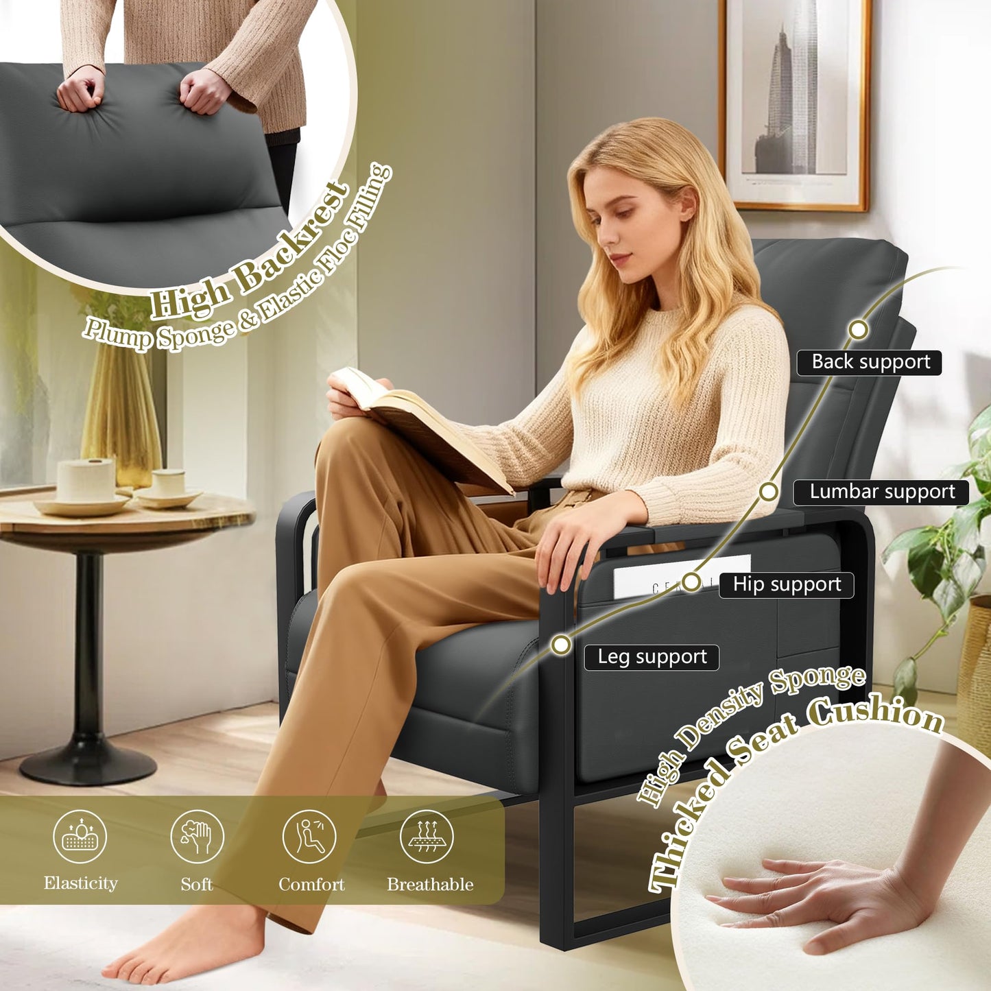 Apeaka Modern Faux Leather Accent Chair Upholstered Armchair with Side Table for Bedroom Living Room Chairs Office Chair Grey Leisure Chair