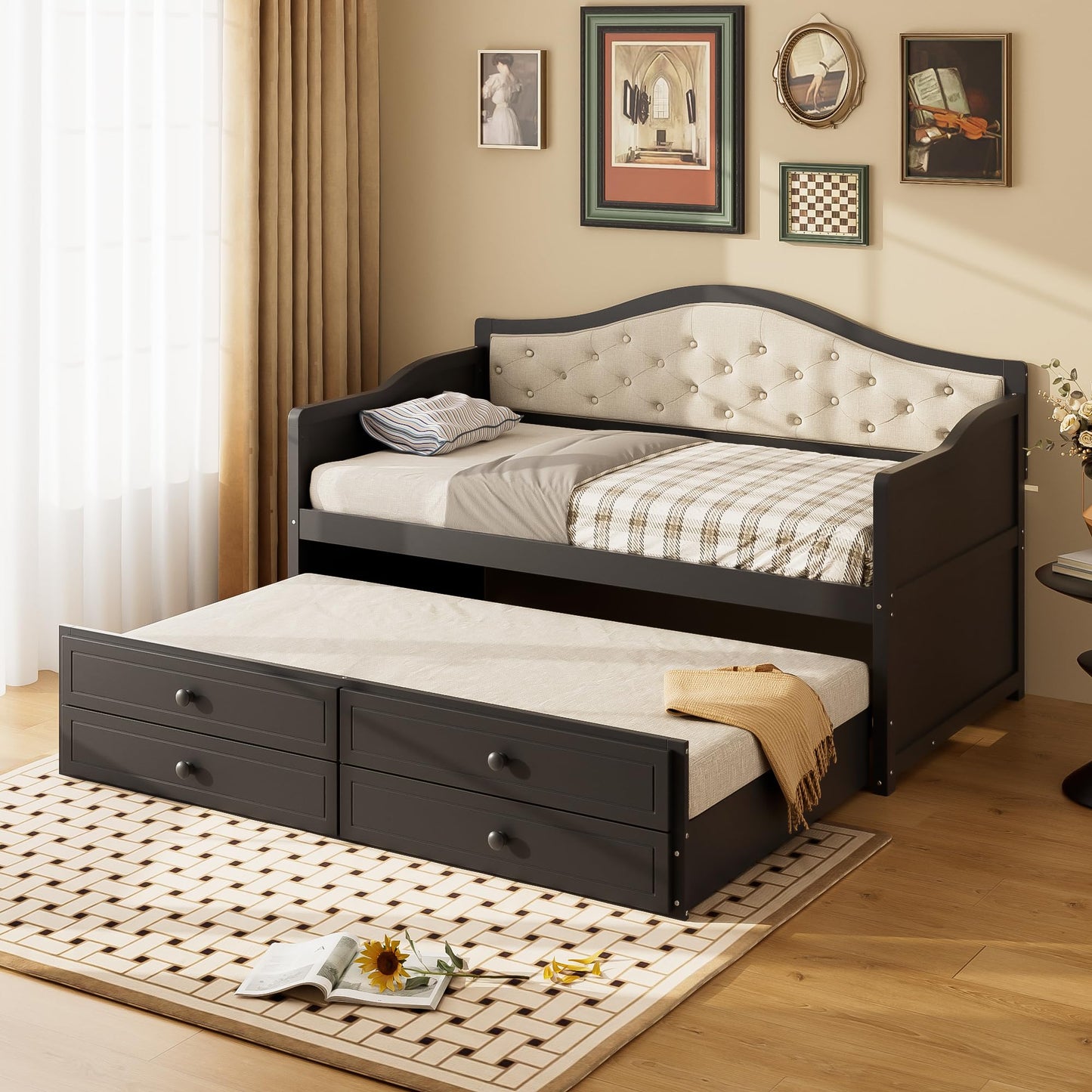 QVUUOU Space-Saving Twin Daybed with Trundle and 2 Drawers, Upholstered Sofa Bed with Button Tufted Back for Small Rooms Guest Room, Dorm (Beige)