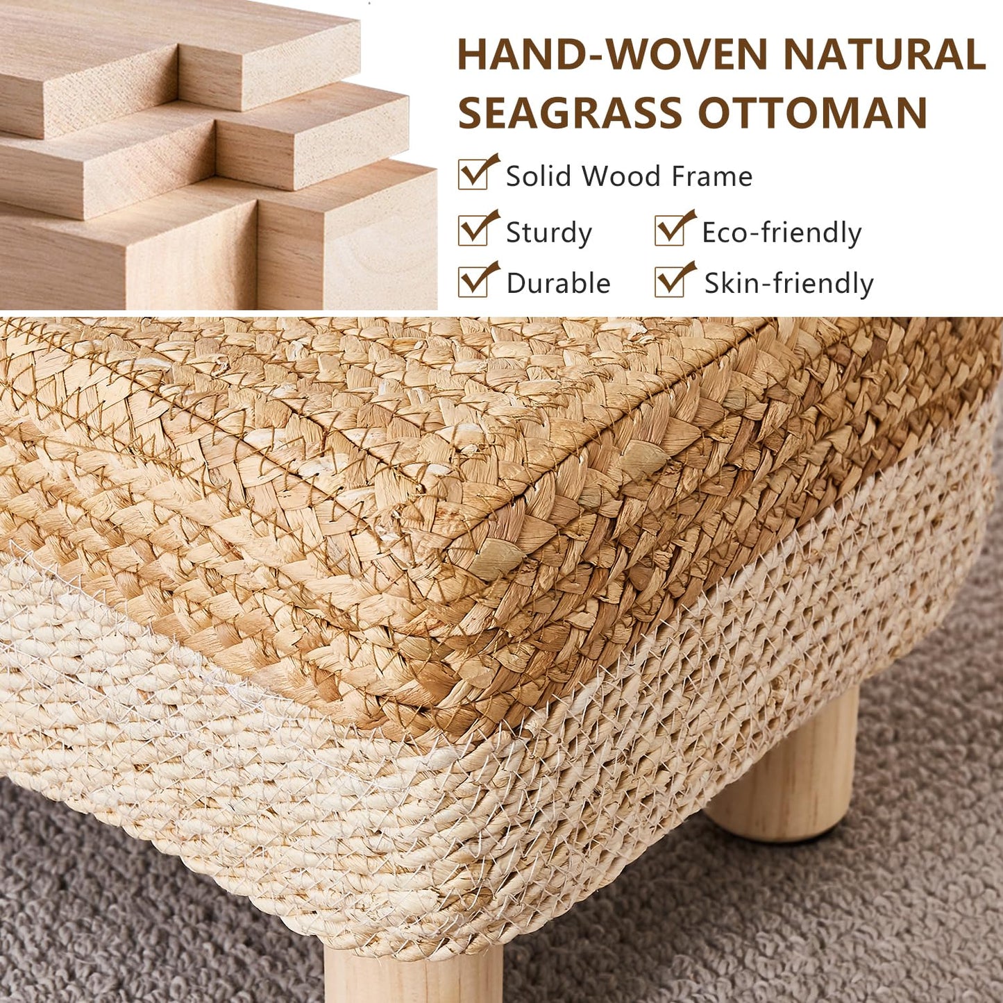 Wimarsbon Natural Seagrass Footstool Ottoman Rectangular Footrest Pouf Ottomans with Wooden Legs Hand Weave Step Stool for Living Room Bedroom Entryway White