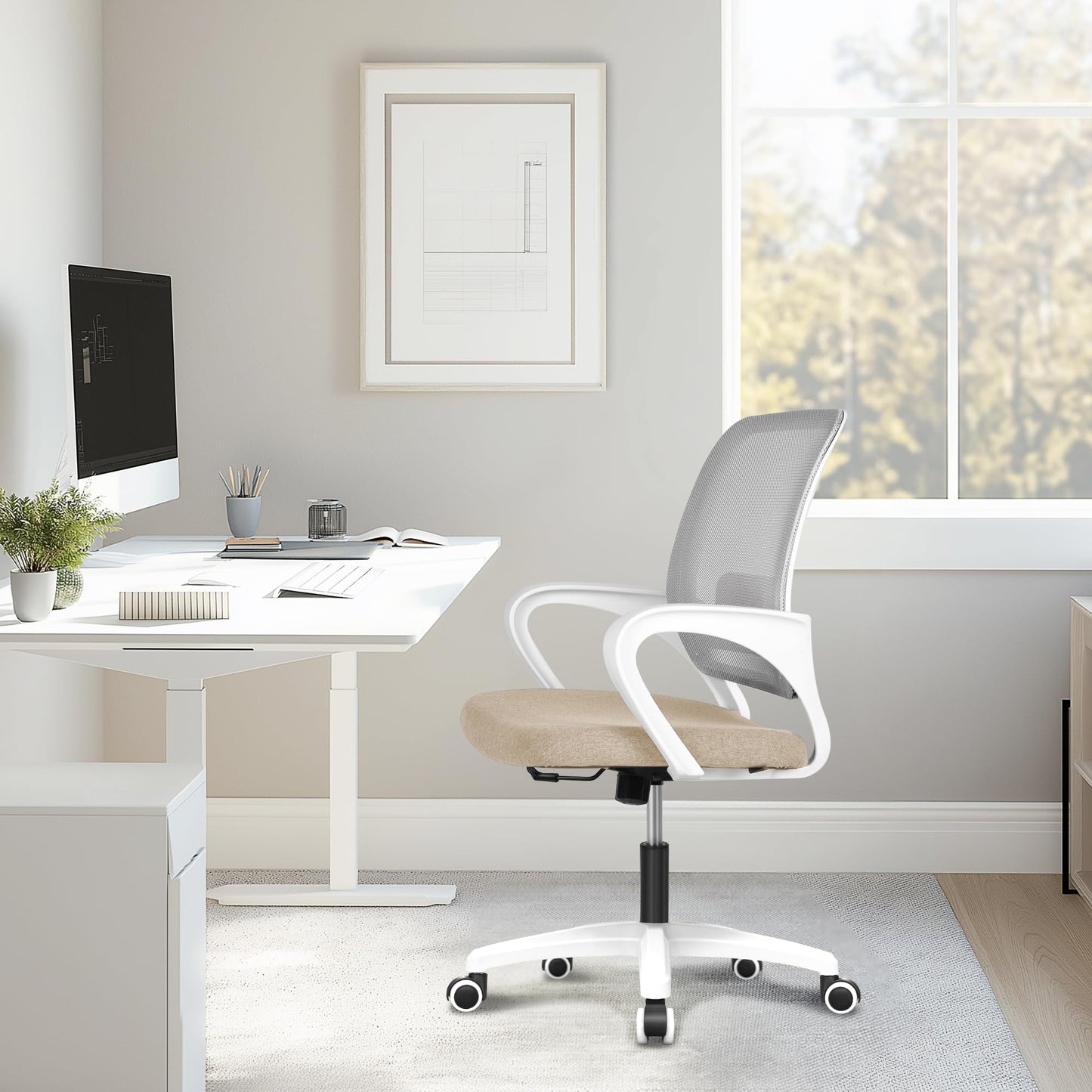 NEO CHAIR Office Desk Ergonomic Computer Mesh Chair with Lumbar Mid Back Support Adjustable Height Swivel Rolling Wheels Comfy Task Vanity Chair for Home Bedroom Study (Beige)