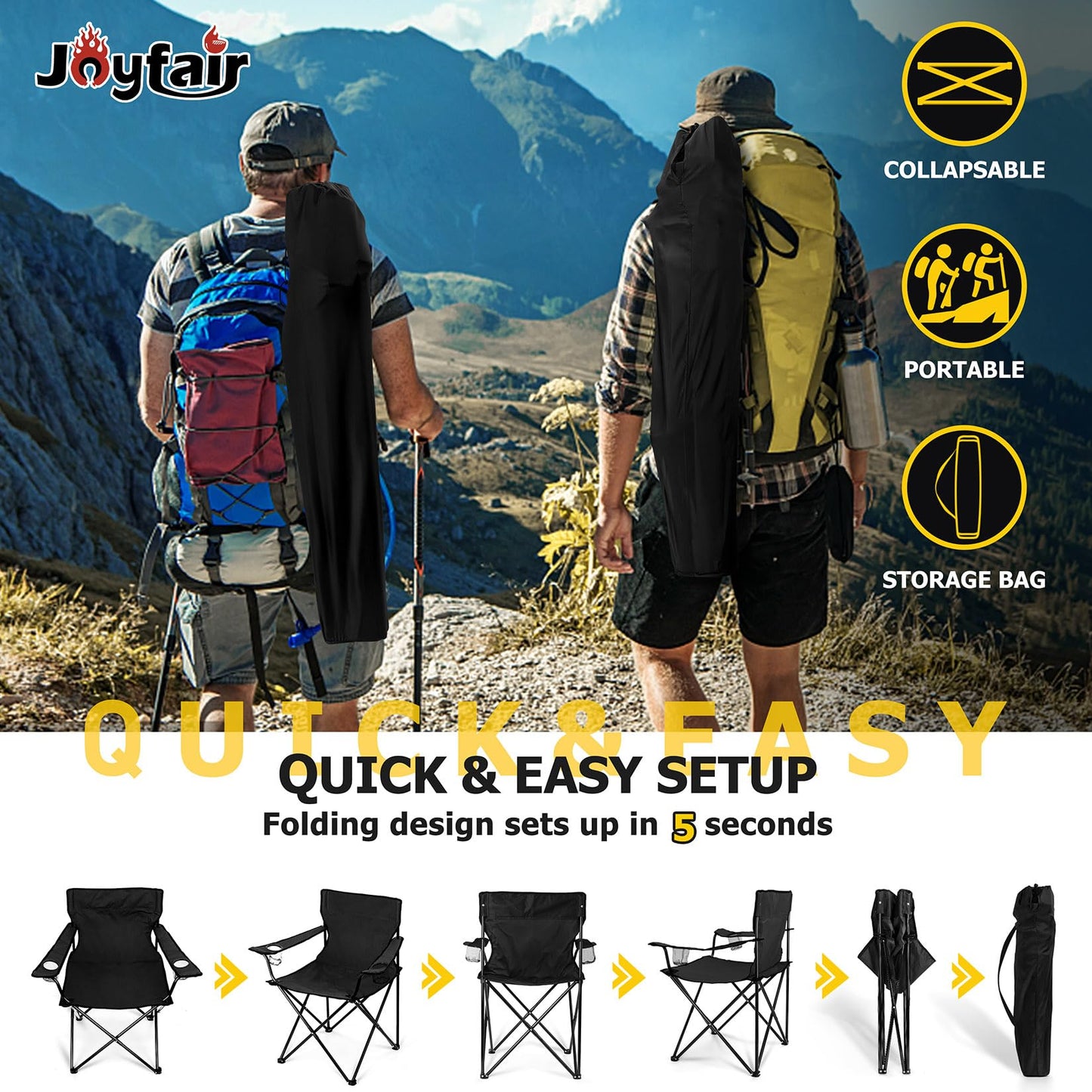 Joyfair Portable Camping Chair, Outdoor Lawn Folding Chairs for Adults, Heavy Duty Large Foldable Chairs for Beach, Fishing, Tailgating and More Outdoor Sport, Carry Bag & Cup Holder (Black)