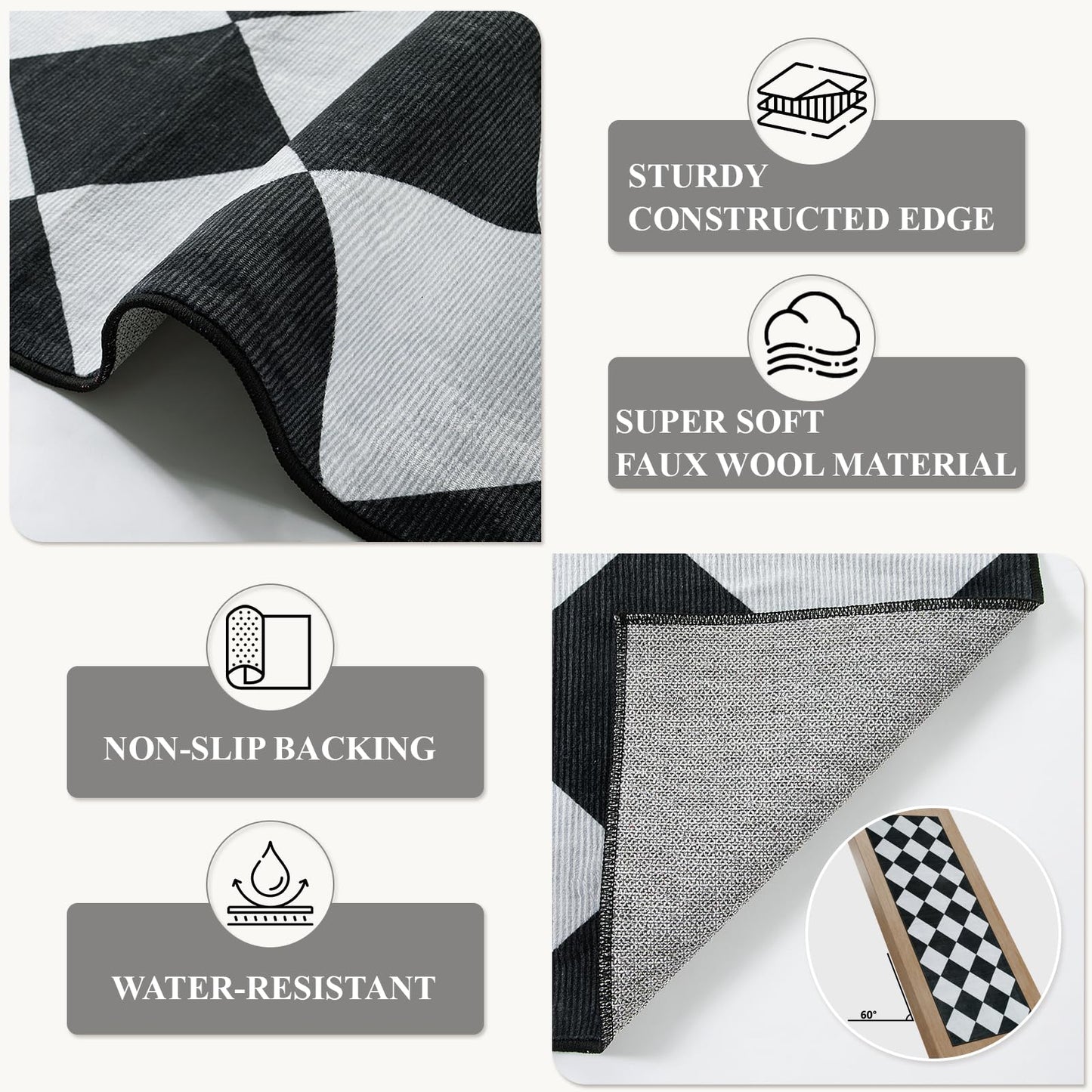 Beeiva Checkered Print Black Bathroom Runner Rug 2x6, Washable Ultra Thin Non Slip Laundry Room Rug Moroccan Stain Resistant Kitchen Runner, Modern Trellis Carpet for Hallway Bedroom Entryway Decor