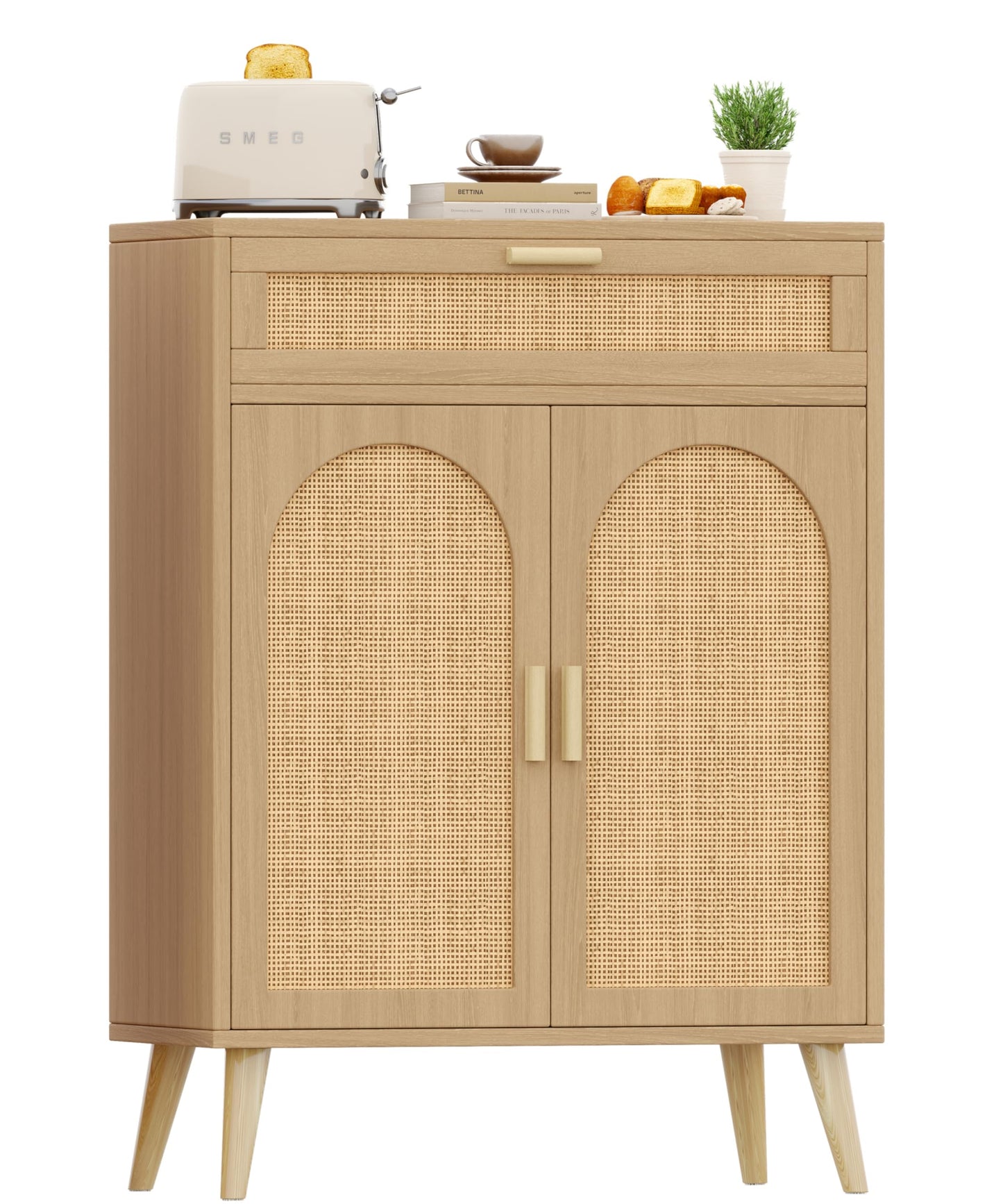 Rattan Sideboard Buffet Cabinet with Storage, Boho Sideboard with Drawer & Adjustable Shelf, Kitchen Floor Cabinet with 2 Doors & Solid Wood Feet, Coffee Bar for Entryway, Living Room, Natural Oak