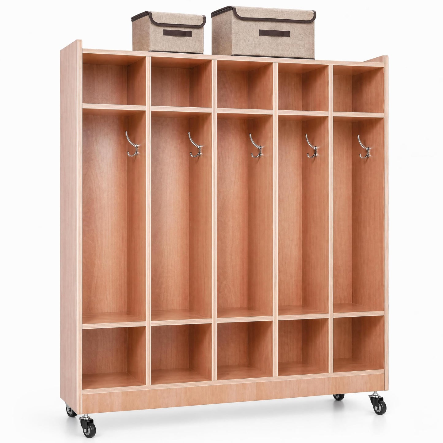 GarveeTech 5-Section Cubby Storage Organizer, Classroom Coat Locker with 4 Casters, 5 Hooks & 2 Storage Boxes, Heavy-Duty Plywood Daycare Furniture for Preschool & Kids Entryway, 48" Tall