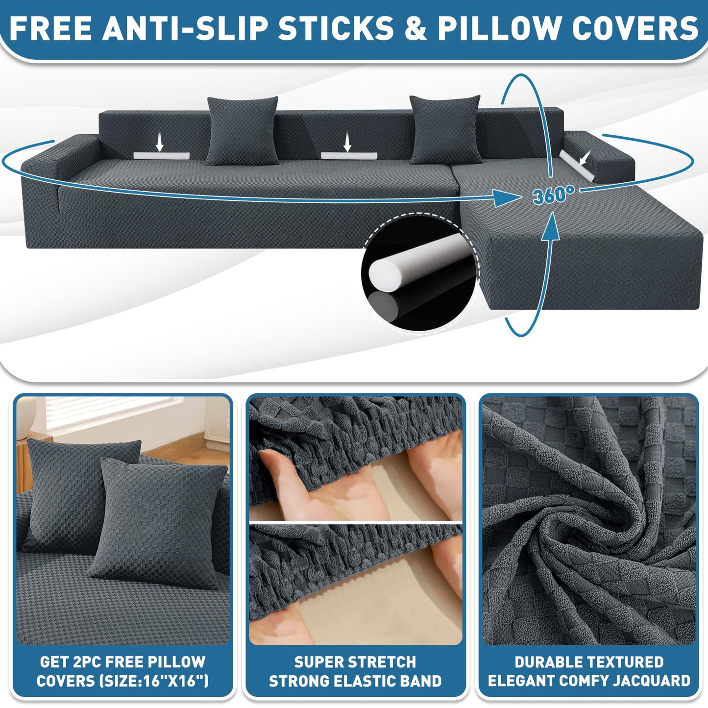 ZNSAYOTX Sectional Couch Covers, Stretch Jacquard Slipcovers with Elastic Bottom for L-Shape Sectional Sofa, 2 Pcs Pet Friendly Modular Sofa Protector (3 Seat Couch + 3 Seat Chaise, Dark Grey)